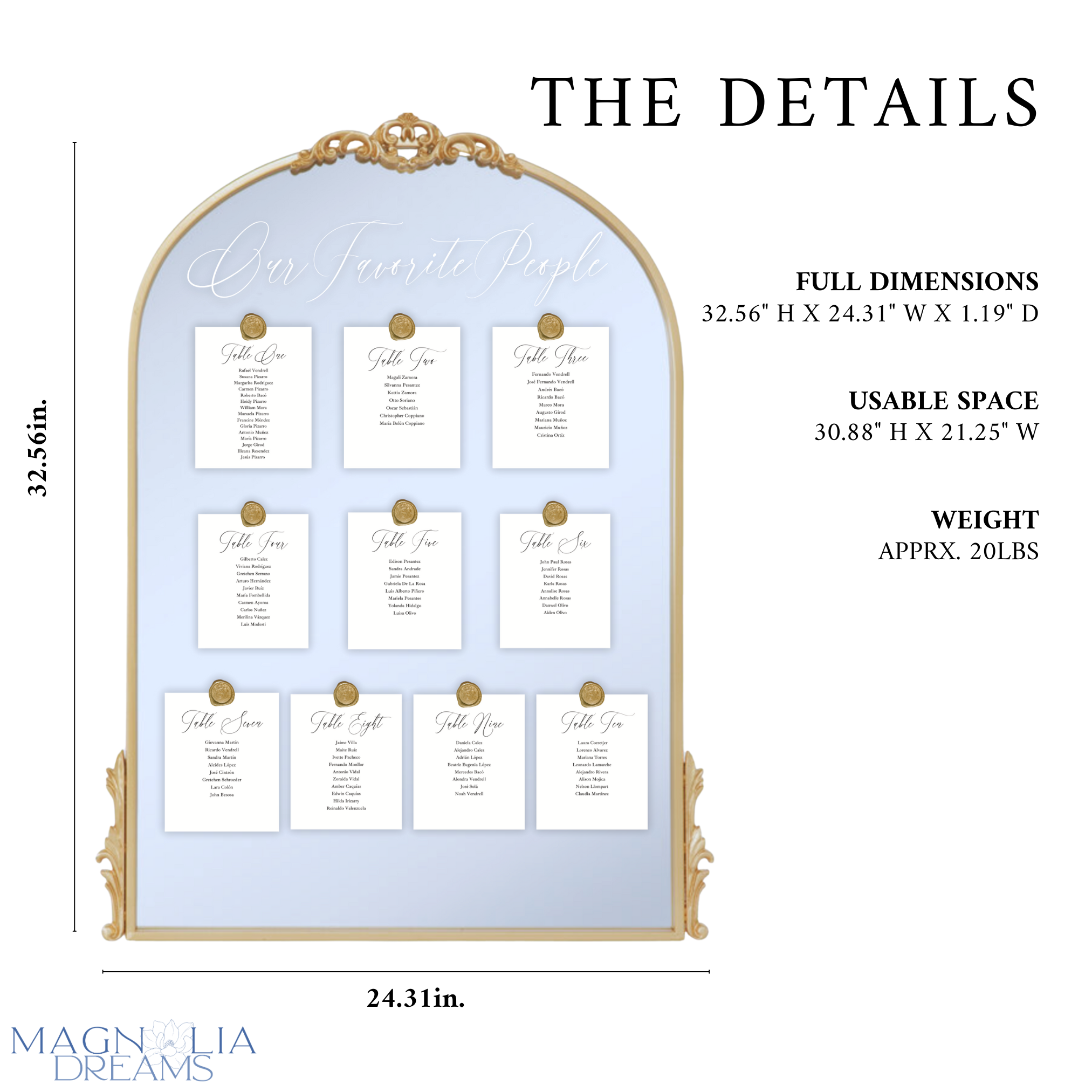 Wedding mirror seating chart with elegant design for unique wedding seating chart ideas.
