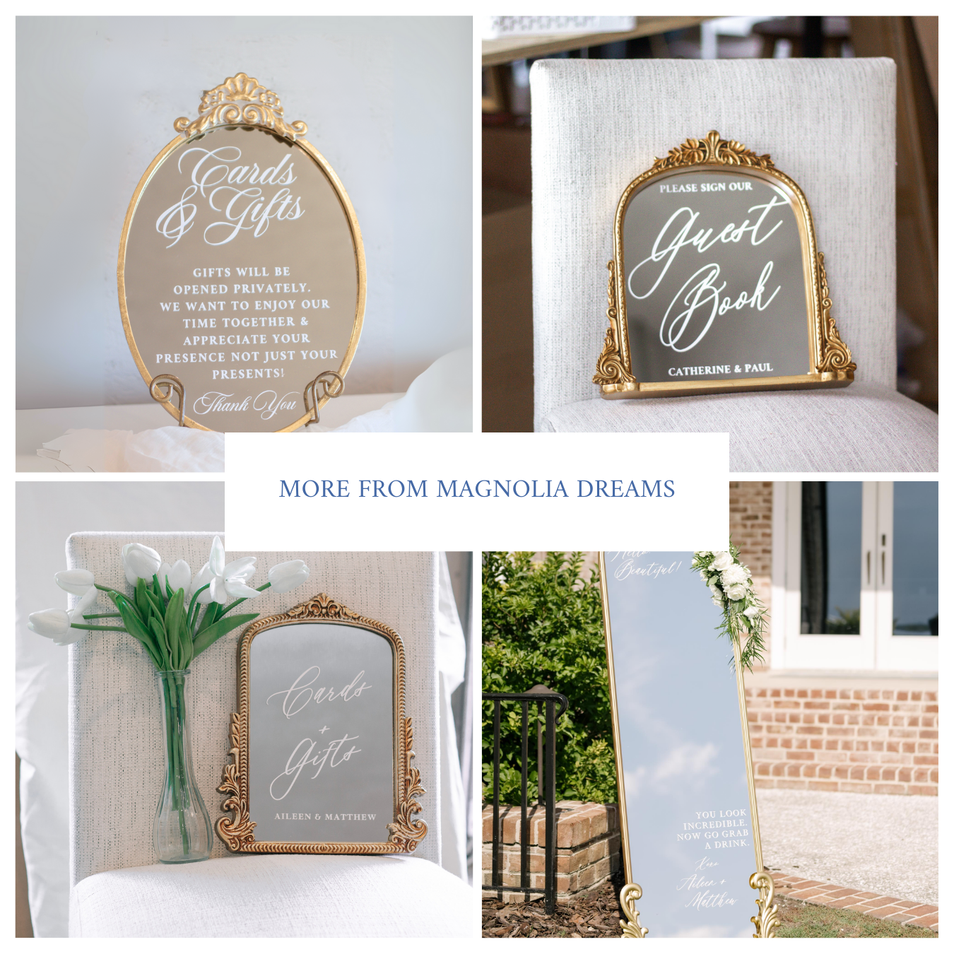 Elegant wedding guest book mirror sign with gold frame and calligraphy font.