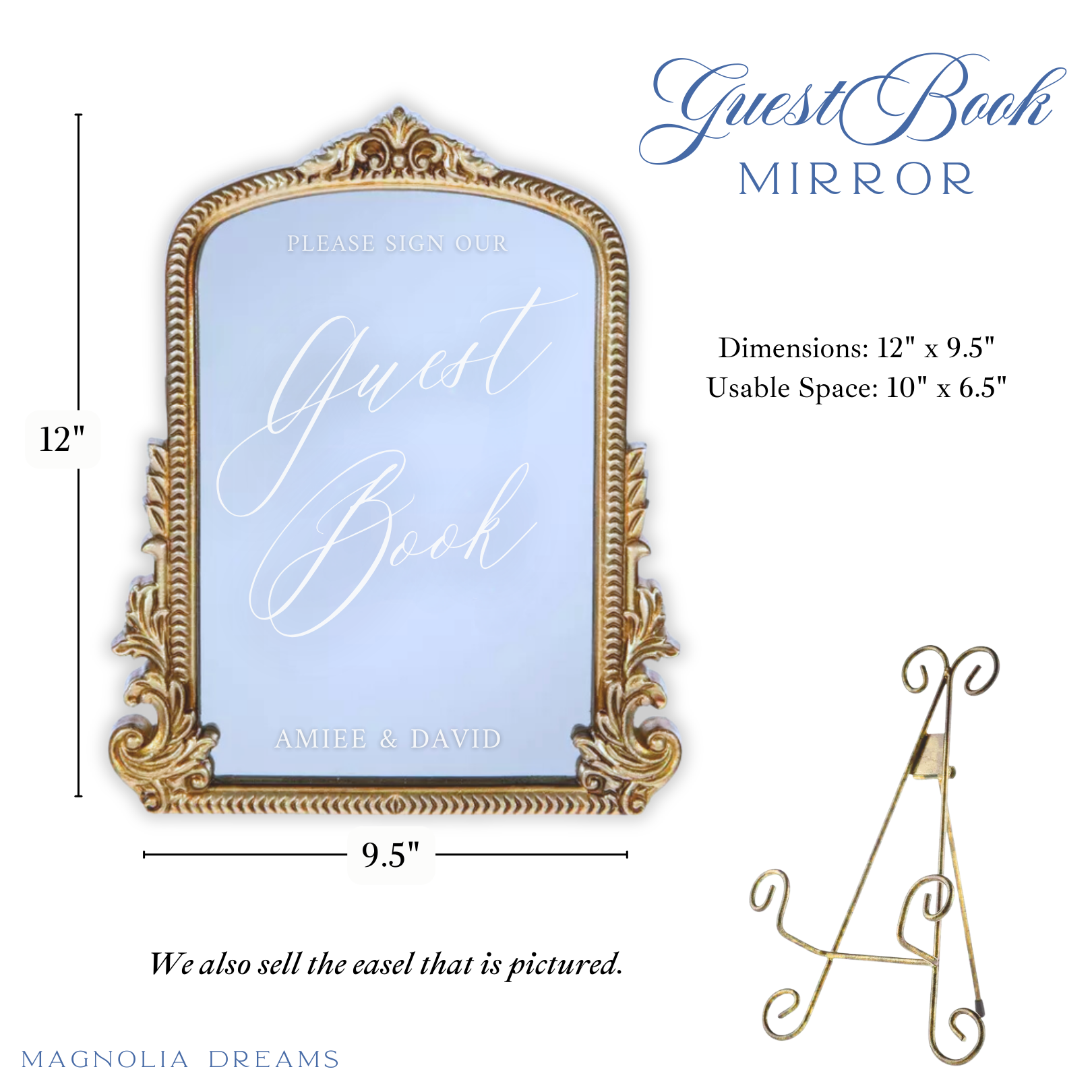 Elegant guest book mirror sign for wedding table with decorative frame and scripted font.