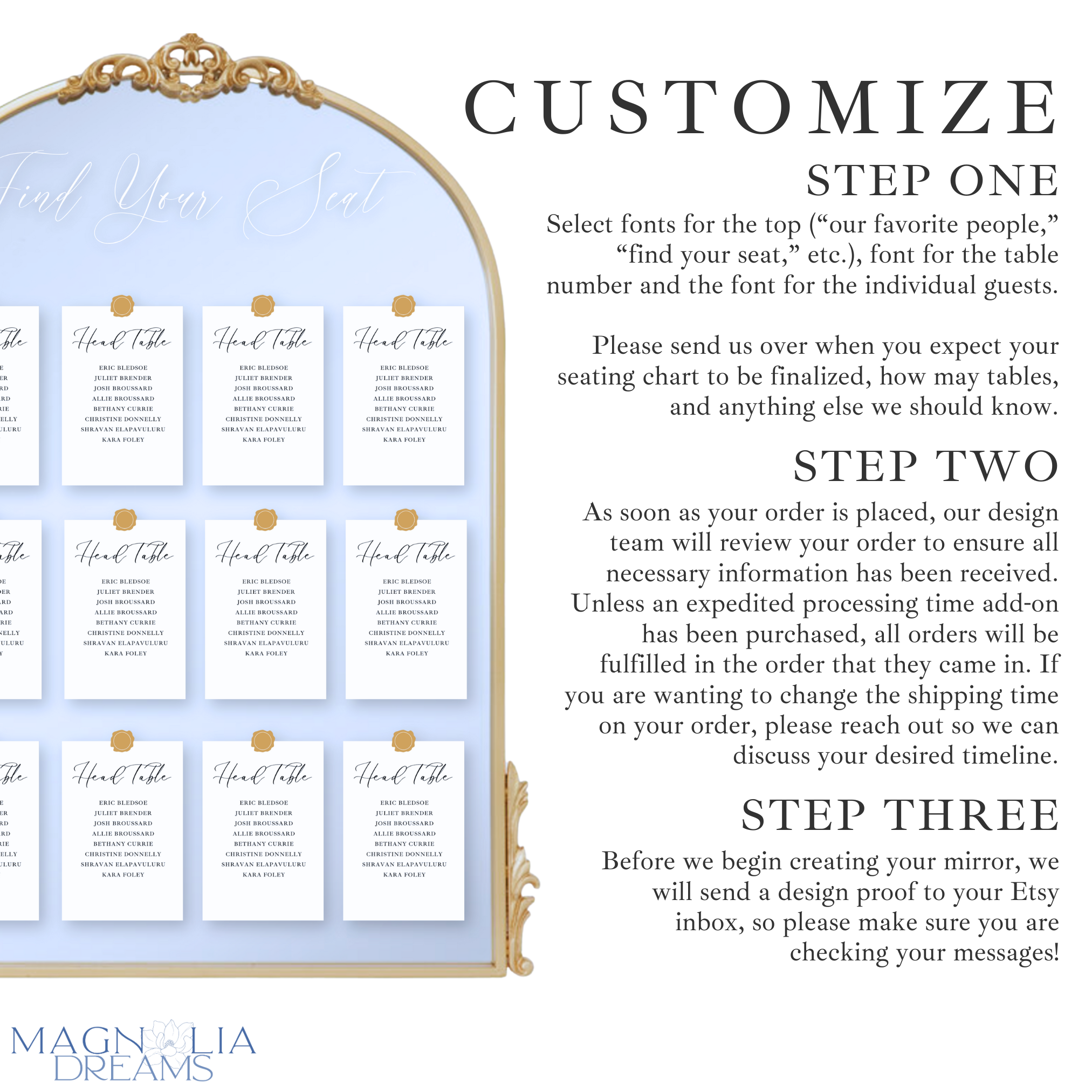 Wedding mirror seating chart with customizable gold frame, featuring unique wedding seating chart ideas and design steps.
