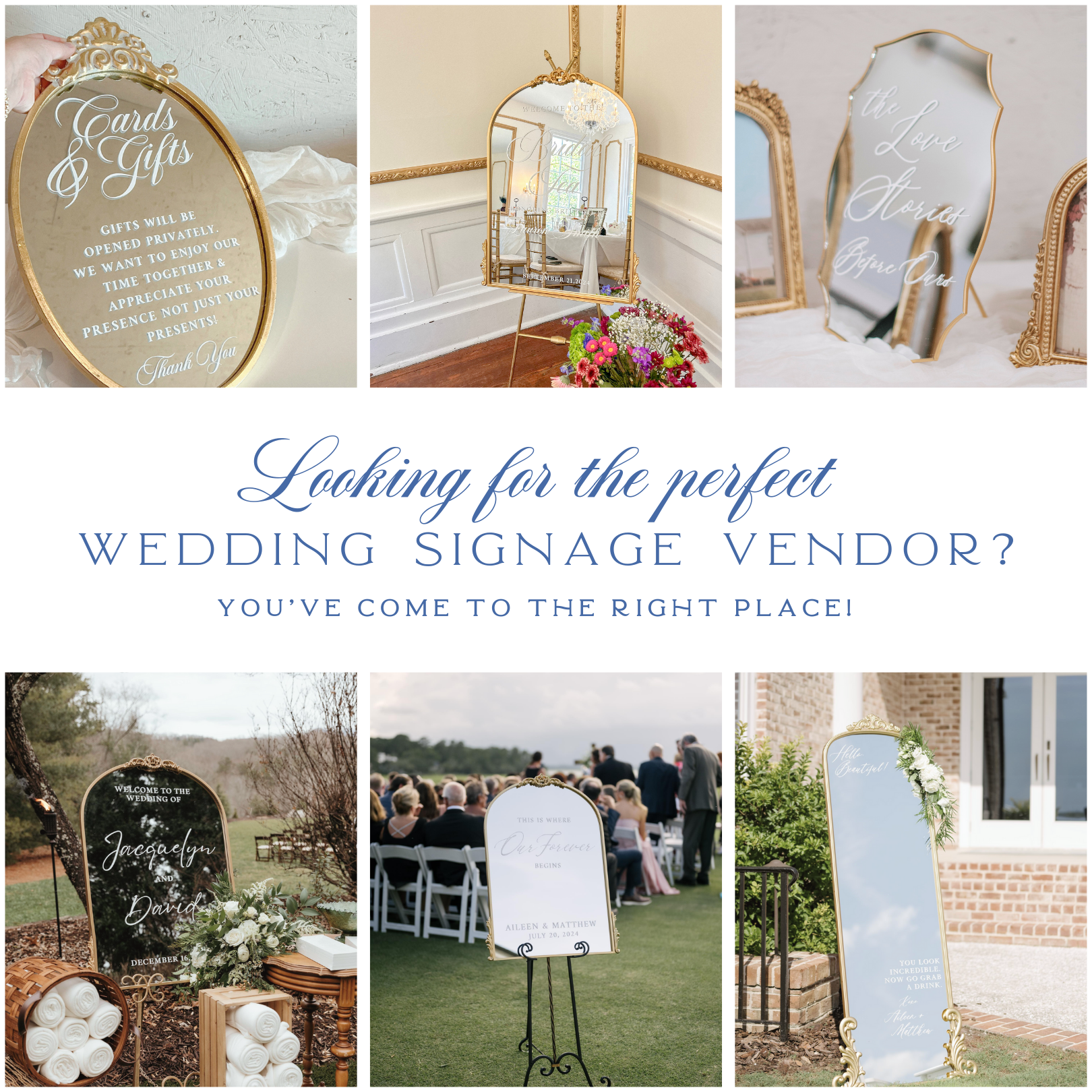 Elegant wedding guest book mirror signs with calligraphy, perfect for wedding tables.
