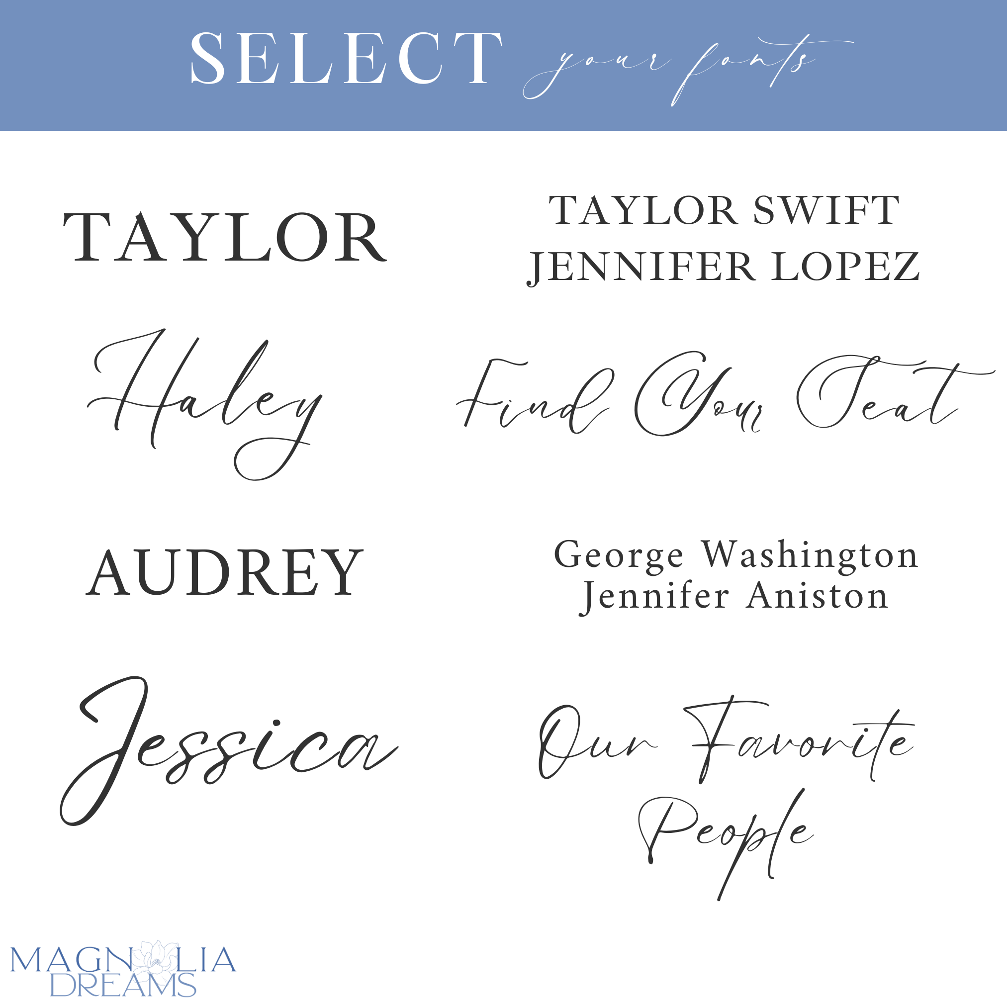 Font selection options for Wedding Seating Chart Ideas by Magnolia Dreams.
