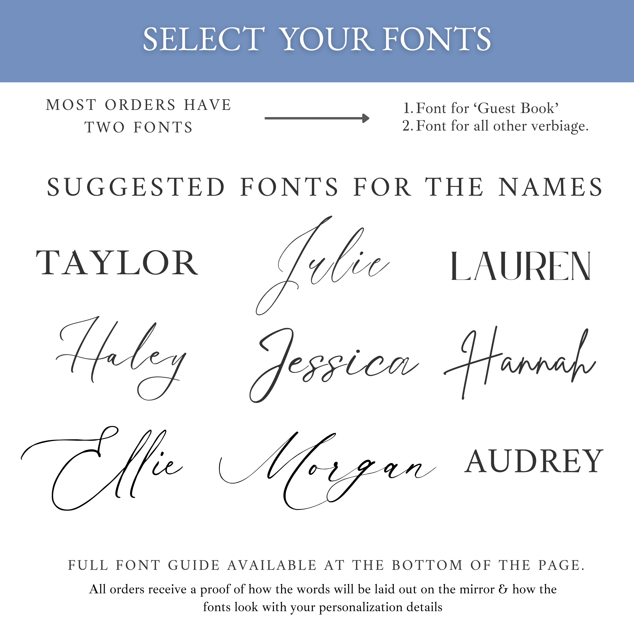 Font selection guide for customizing wedding guest book signs.