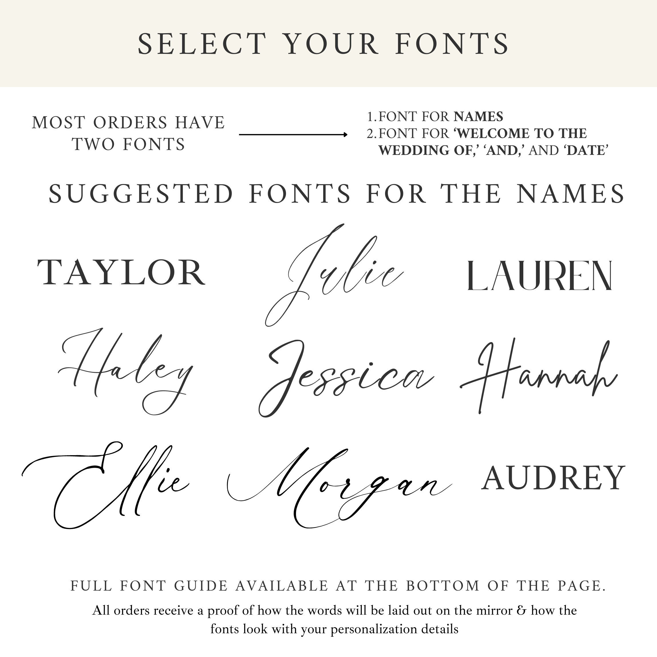 Font selection guide for vinyl wedding welcome sign customization, featuring various script and serif styles.
