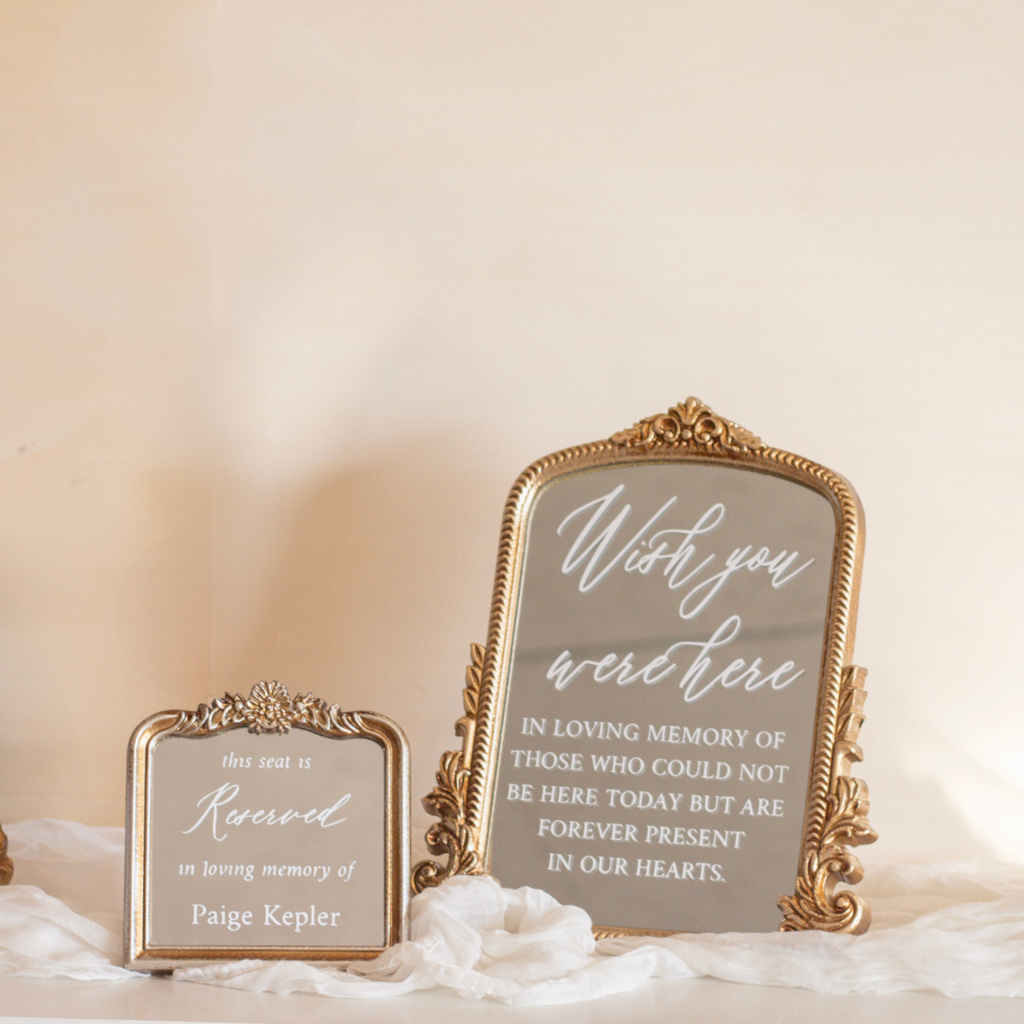 Elegant wedding memorial sign with "Wish You Were Here" inscription, honoring loved ones.