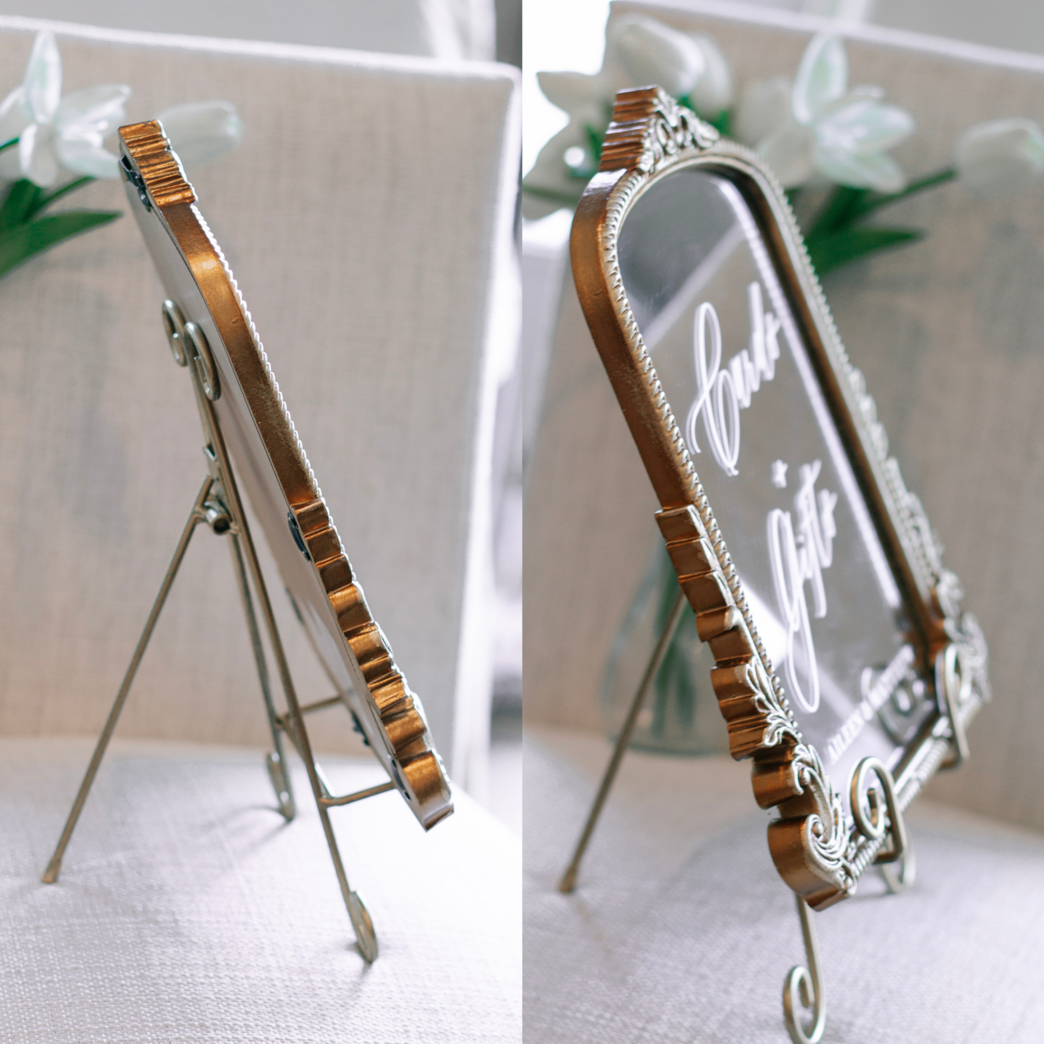 Mirror wedding sign for gifts and cards table with elegant frame displayed on stand.