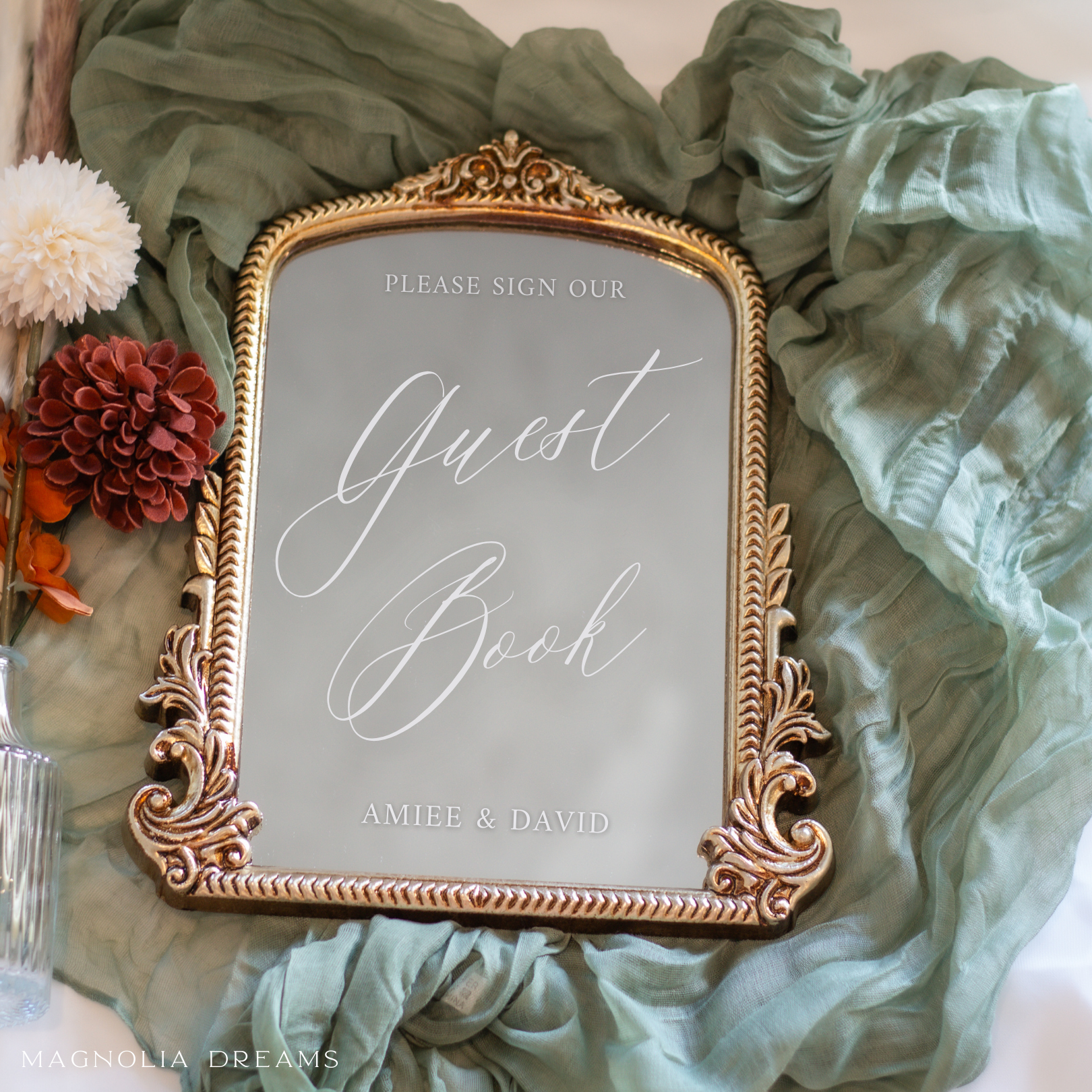 Elegant guest book sign for wedding table with gold ornate frame and script font by Magnolia Dreams.