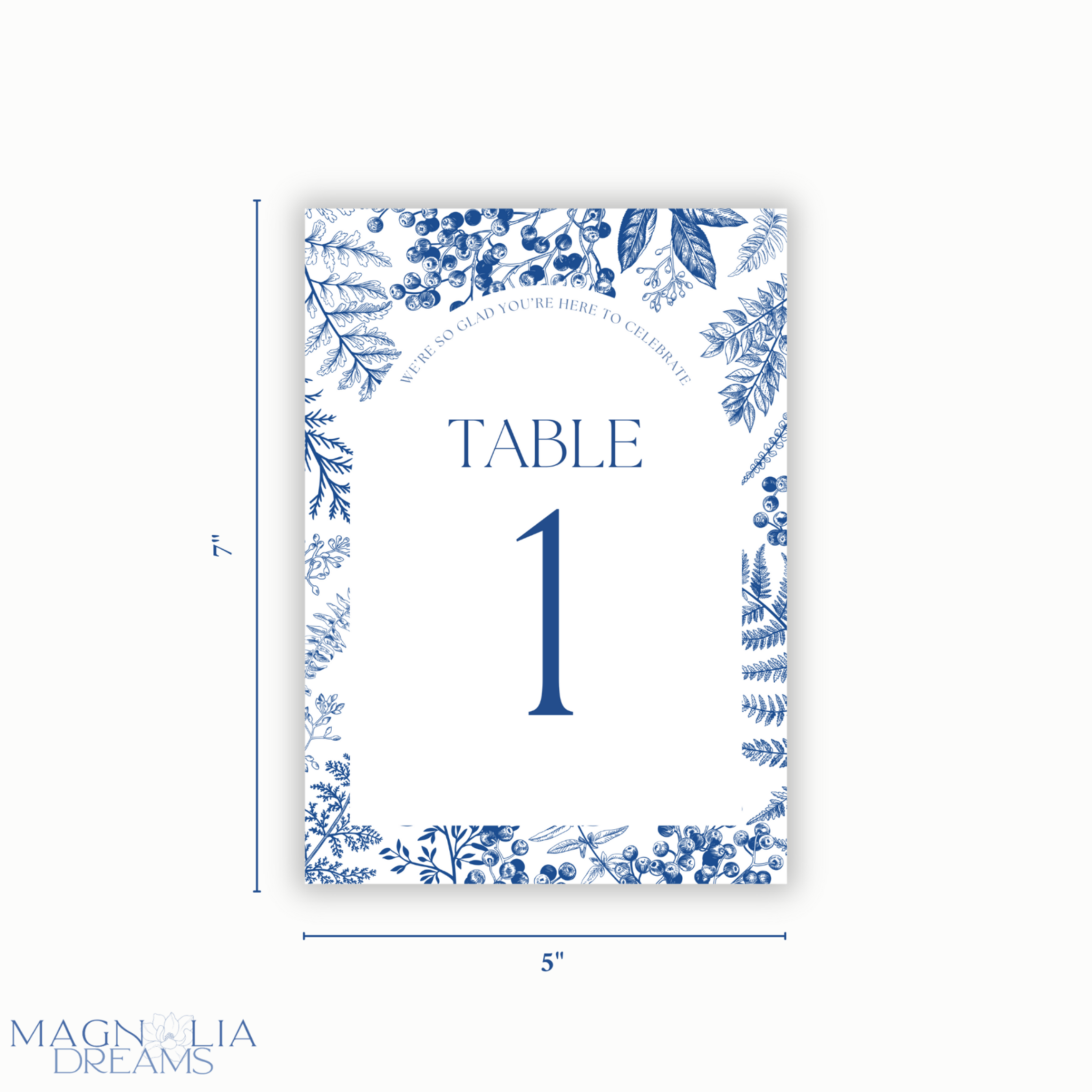 Blue and white wedding table number on luxury linen cardstock with floral design.
