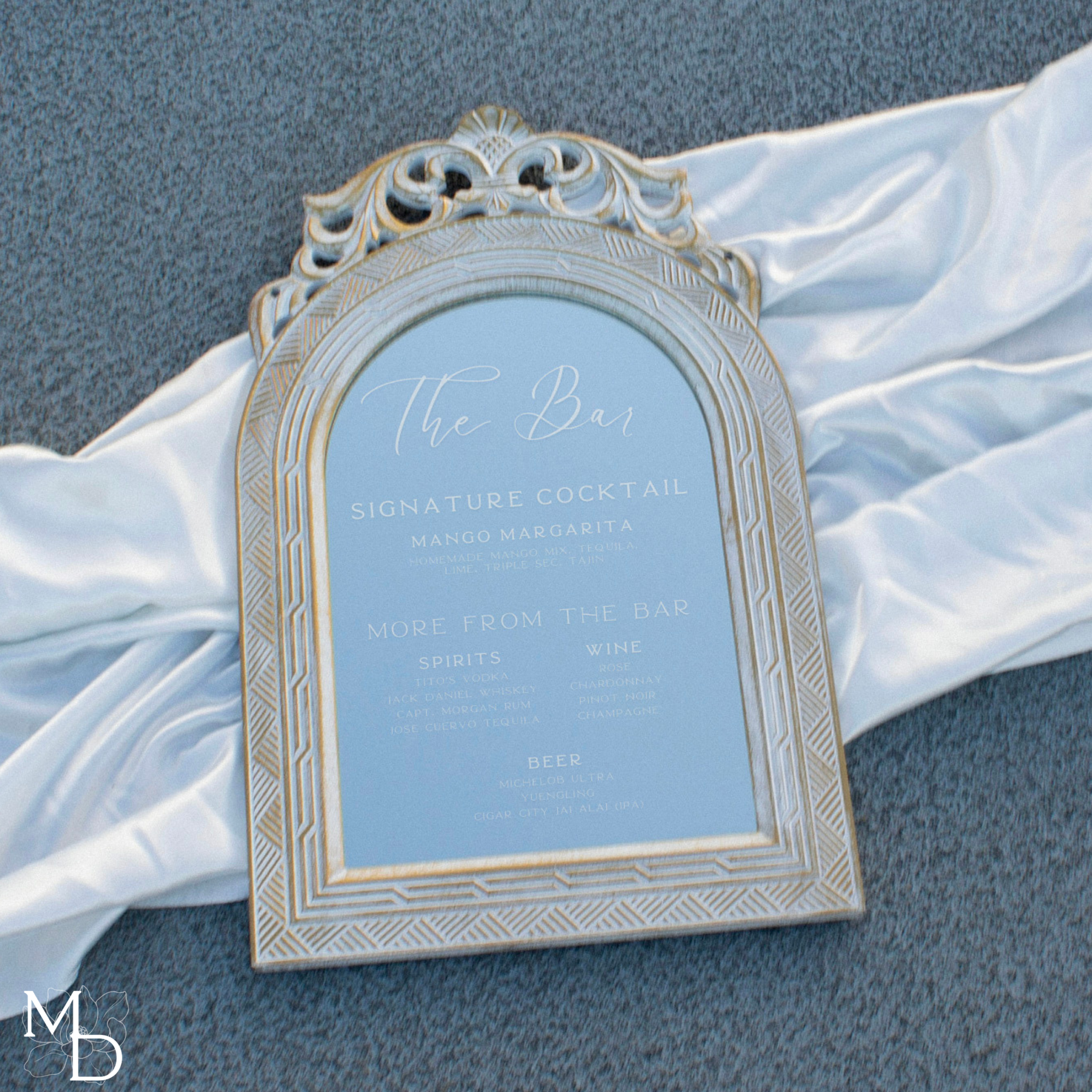 Custom Wedding Cocktail Bar Menu List on Rustic White Mirror, vintage wood frame, elegant drink display, medium size.