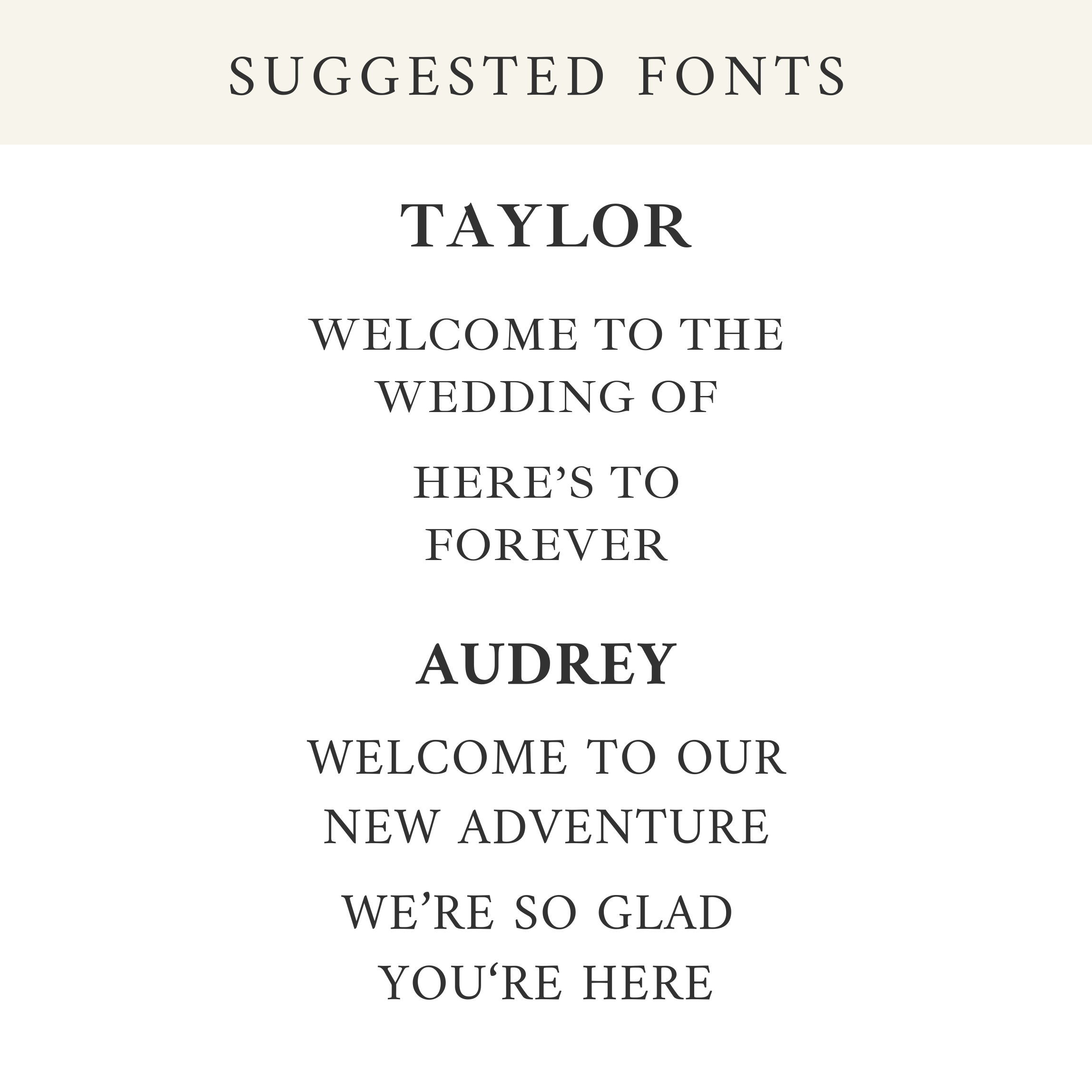 Suggested fonts for wedding vinyl stickers, featuring Taylor and Audrey styles.