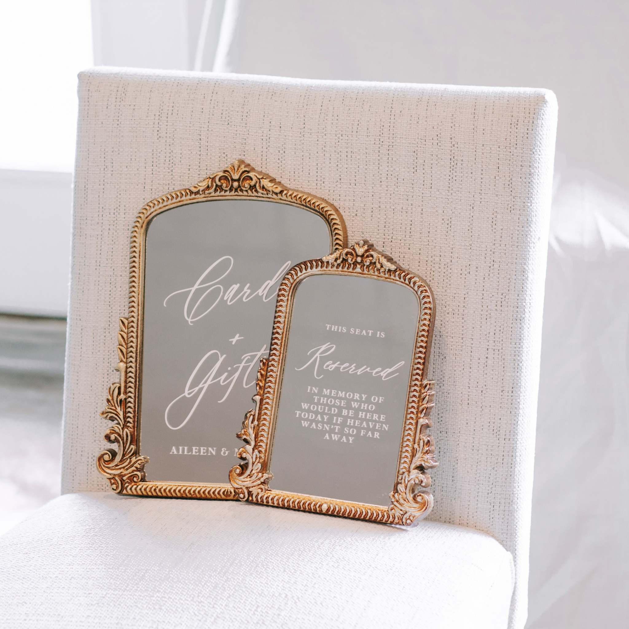 Mirror wedding sign for cards and gifts table with elegant gold frame.