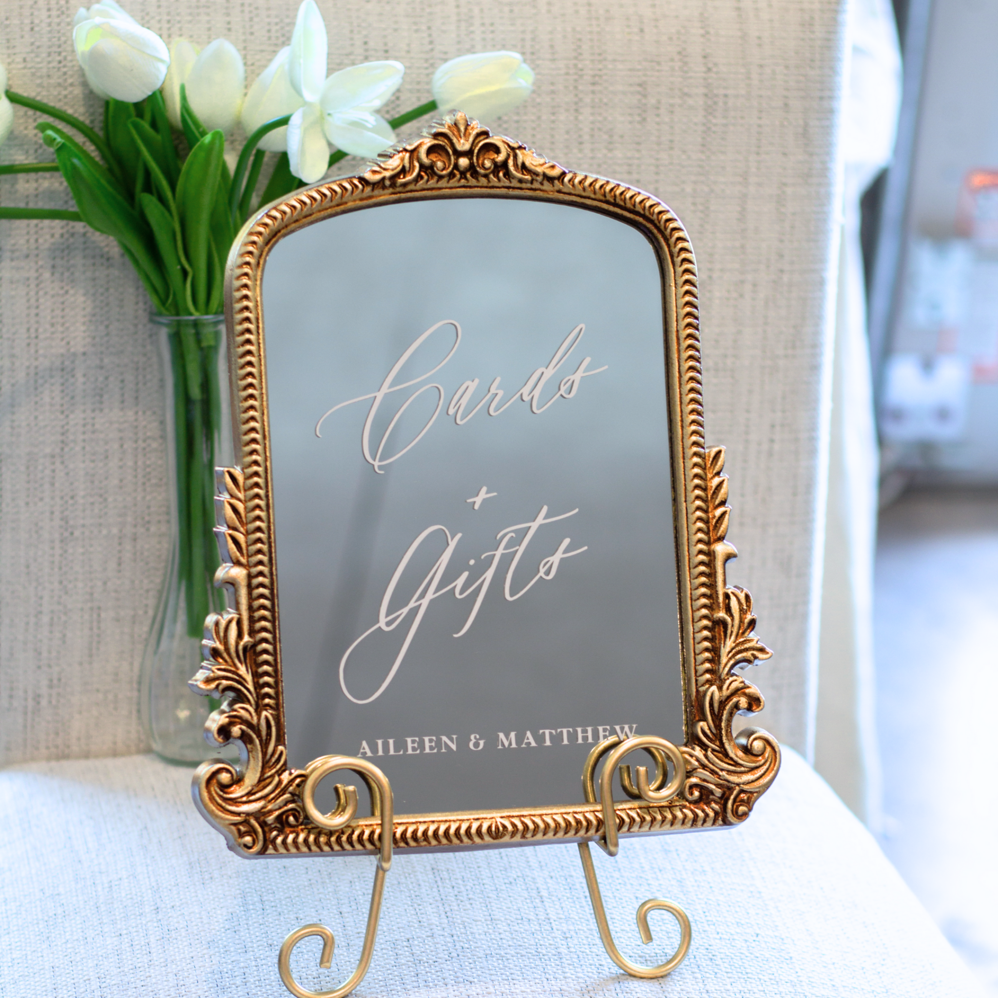 Elegant mirror wedding sign for gifts and cards with gold frame.