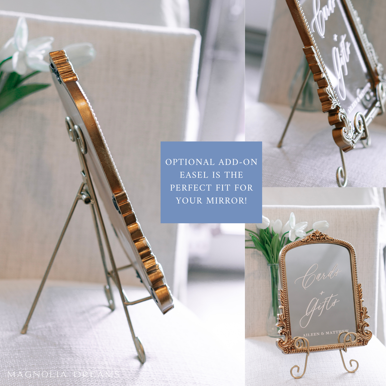 Elegant guest book sign with calligraphy on a mirror, featuring an optional decorative easel, perfect for wedding table decor.