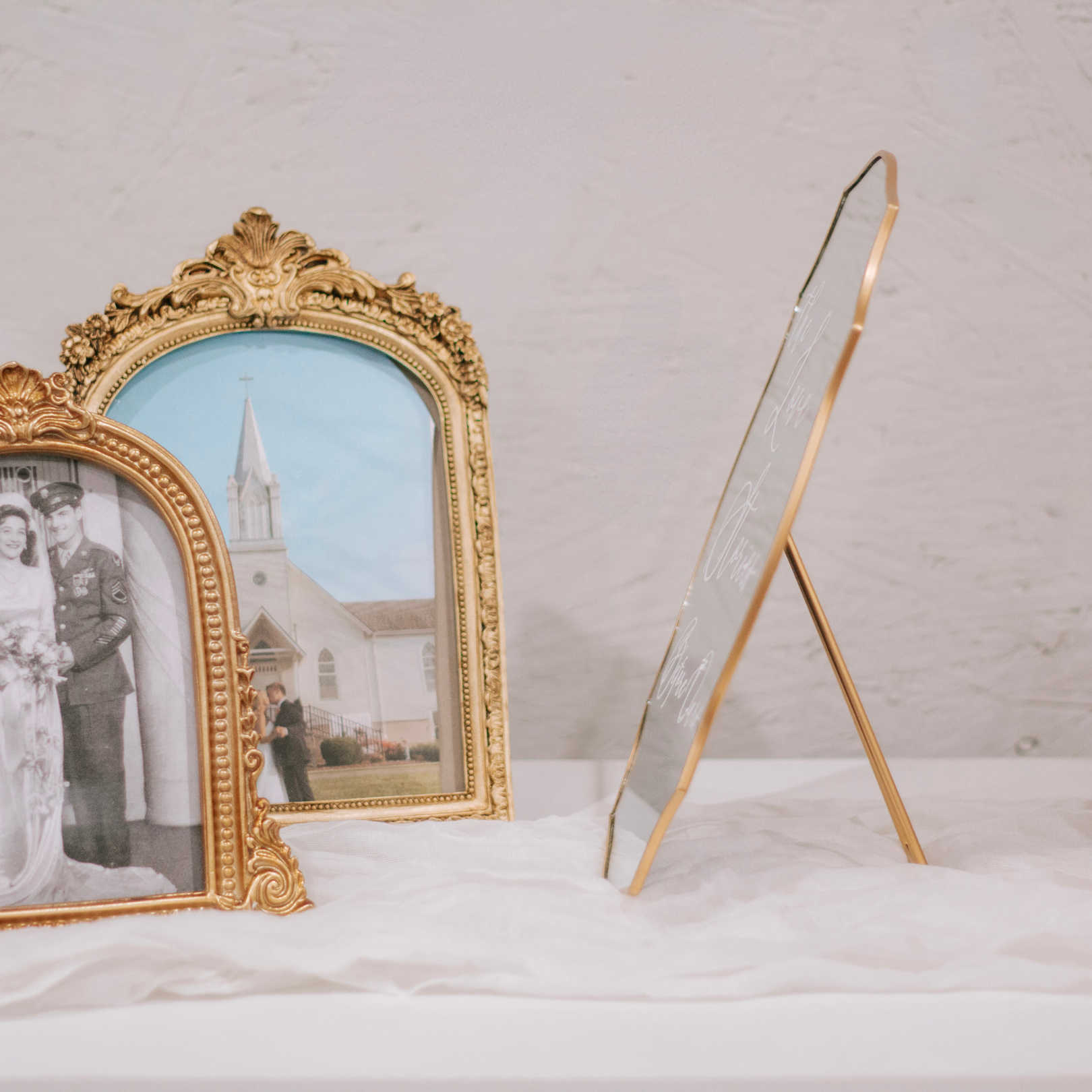 Wedding Memory Sign mirror displayed with vintage wedding photos.