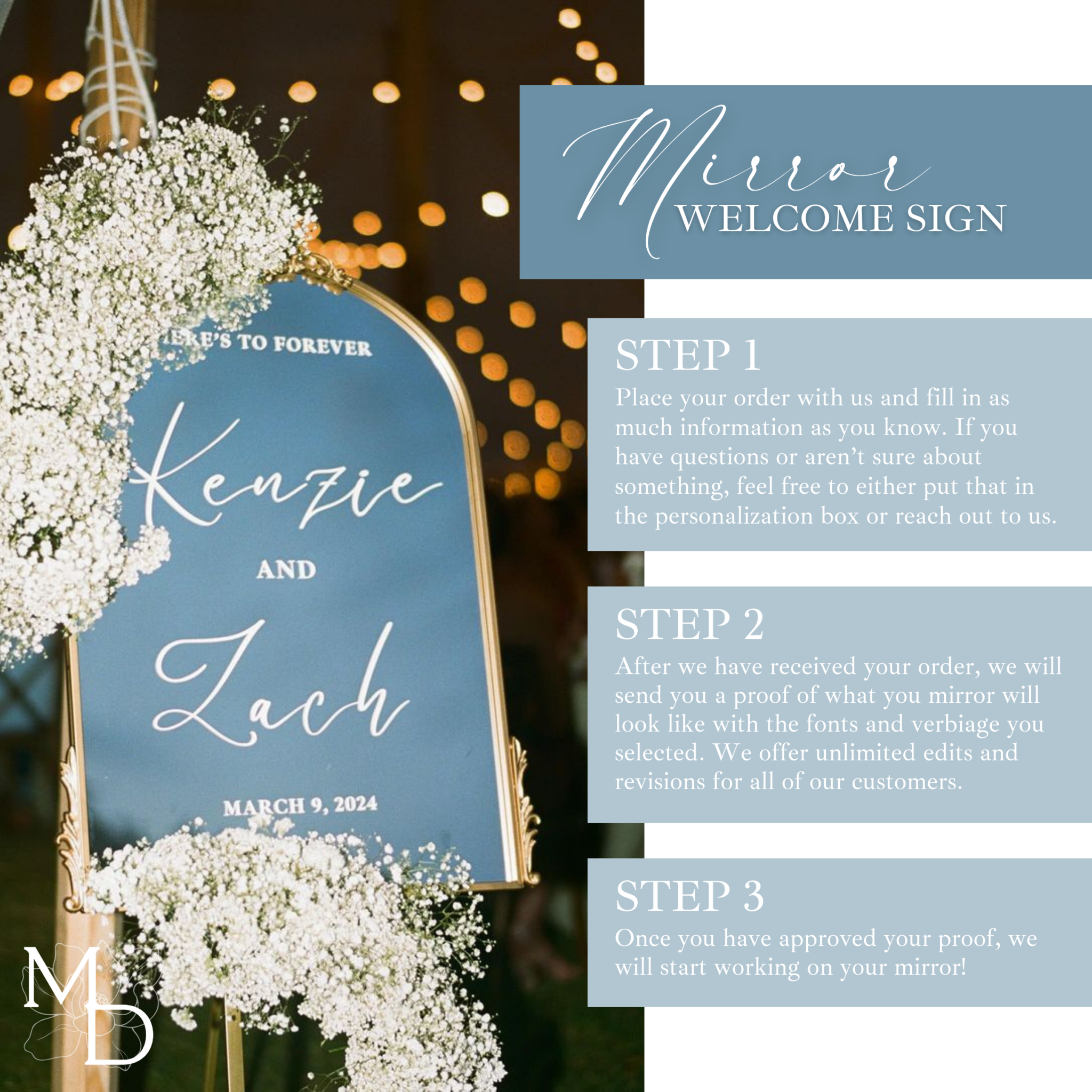 Elegant gold arch mirror wedding welcome sign with customizable font and wording, perfect for ceremonies and receptions.