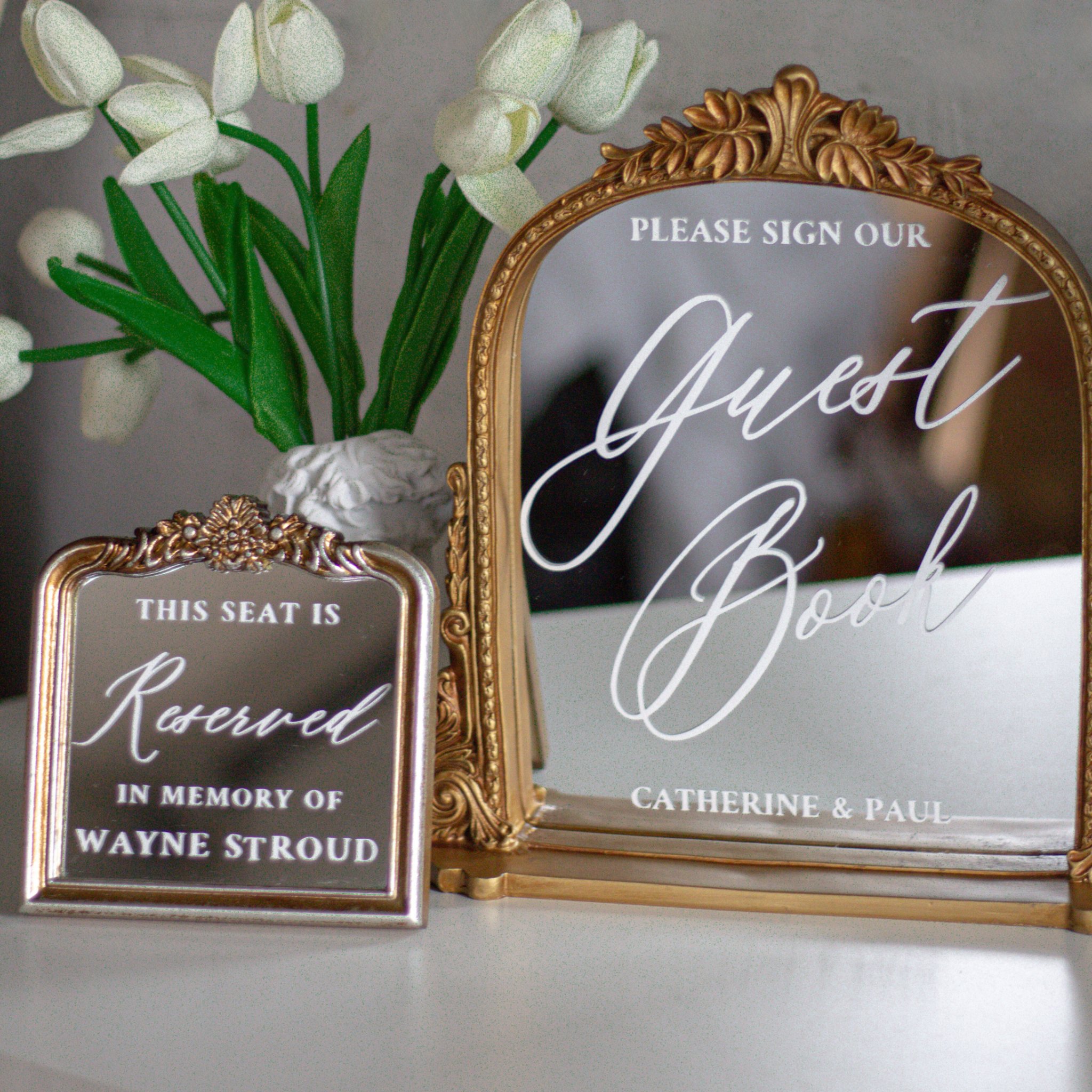 In loving memory wedding sign with reserved seat message, customizable for remembrance.