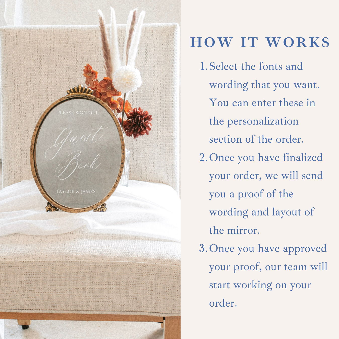 Elegant wedding guest book sign displayed on chair with customization instructions.