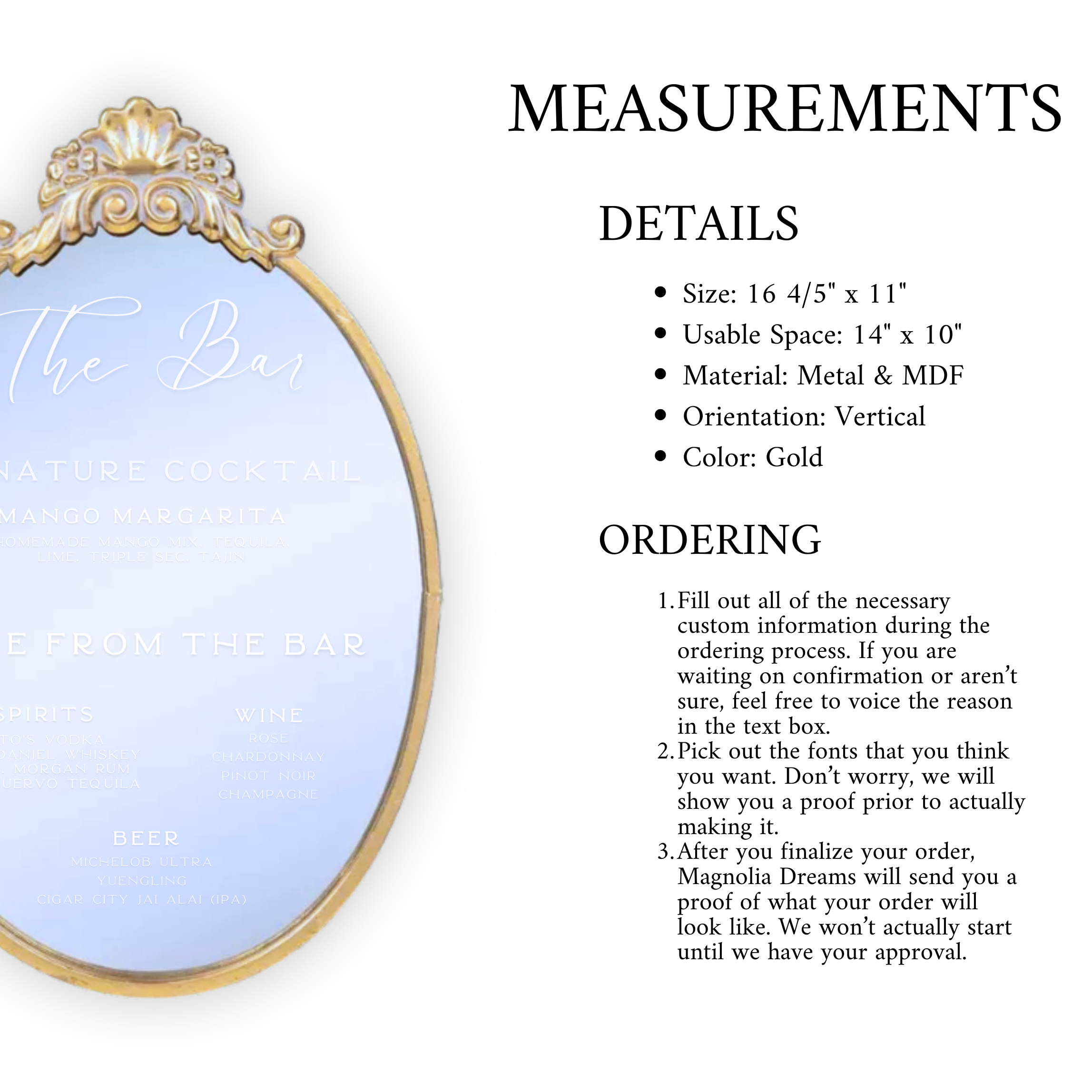Elegant Gold Cocktail Mirror|Gold Cocktail Mirror |Magnolia Dreams LLC