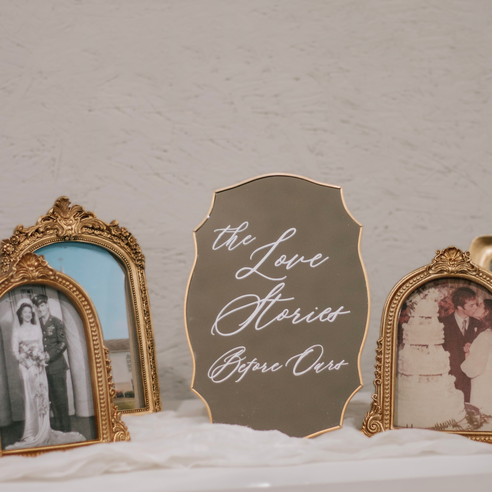 Wedding Memory Sign on table with vintage family photos.