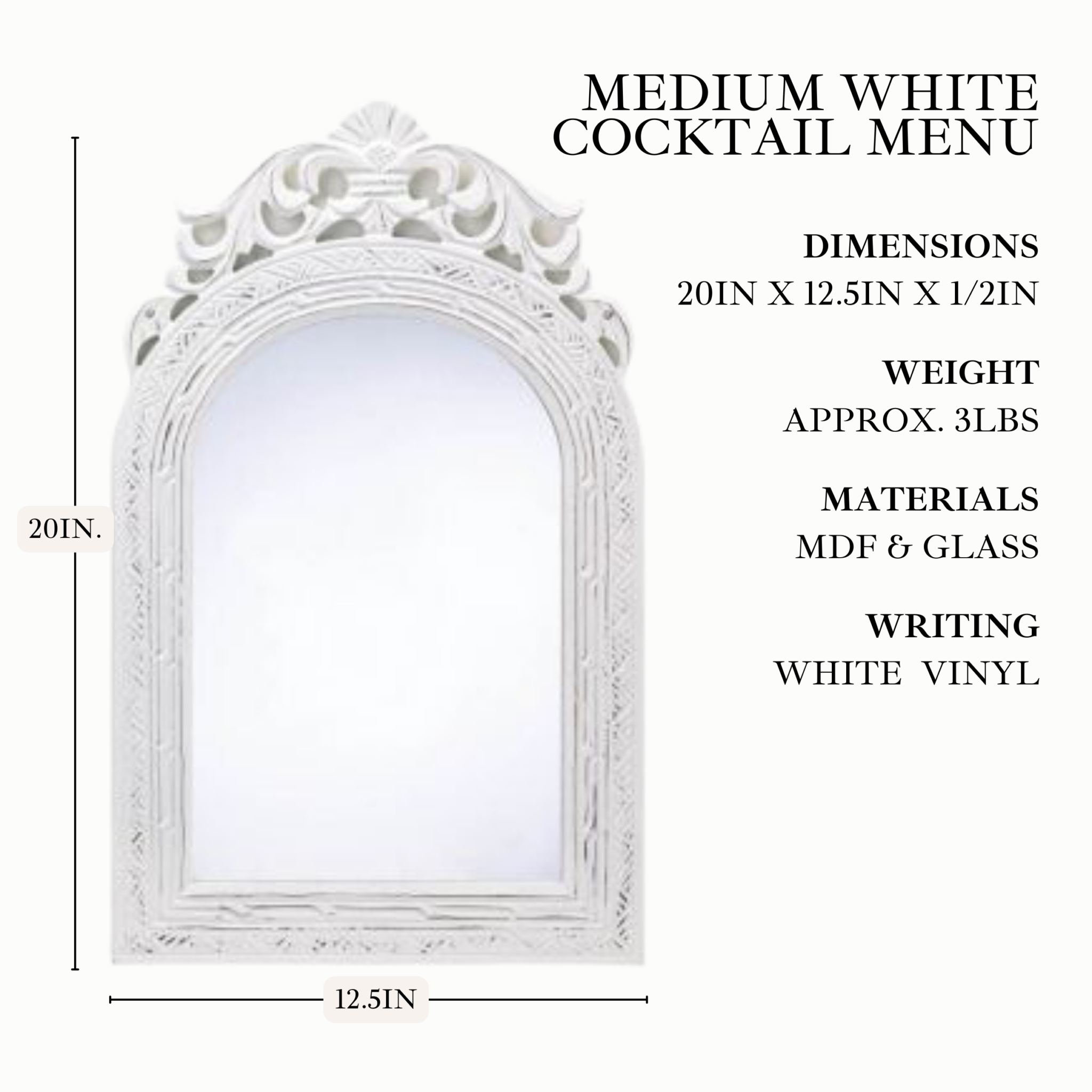 Custom wedding cocktail bar menu list on rustic white mirror with vintage wood frame.