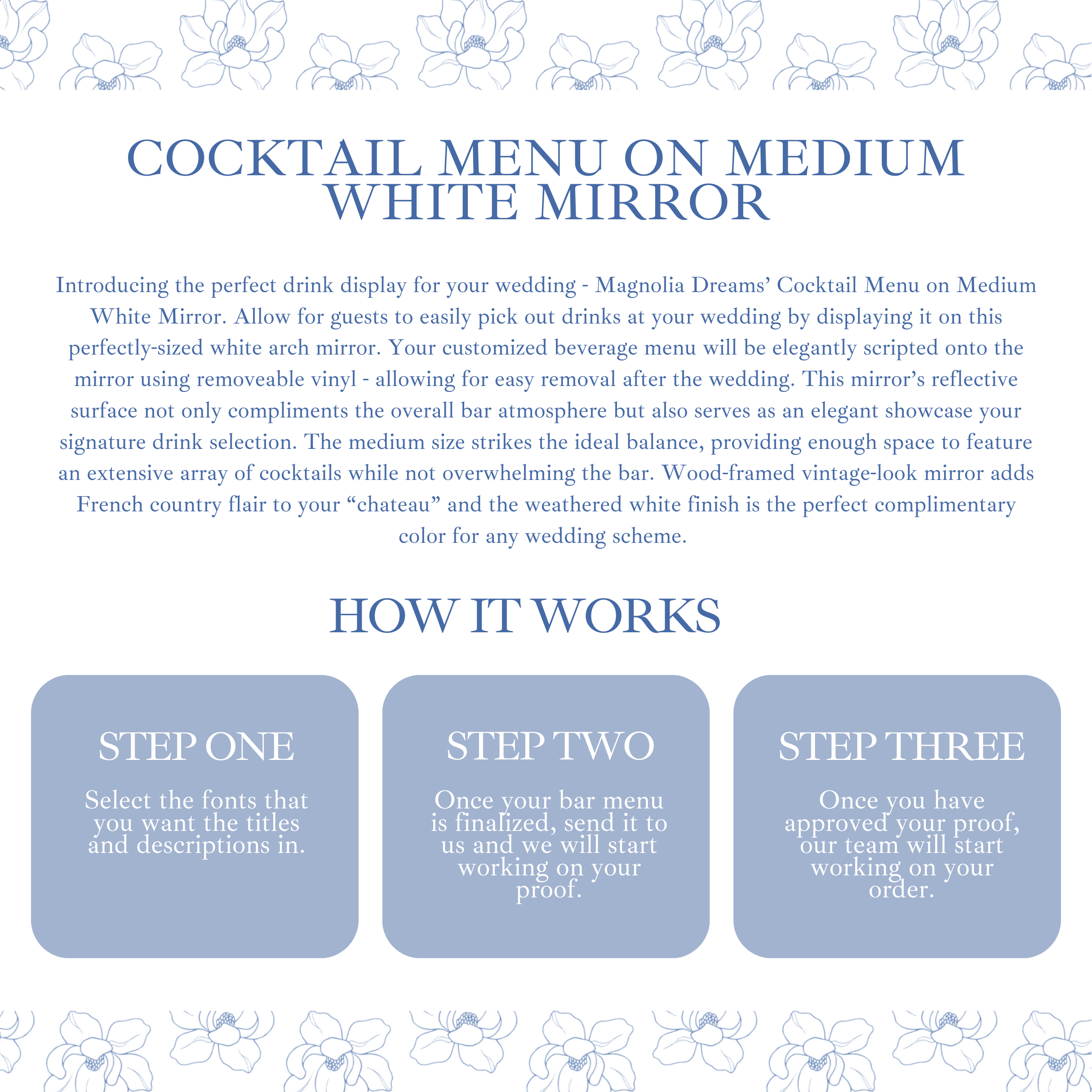 Custom wedding cocktail bar menu list on rustic white mirror with French country flair.