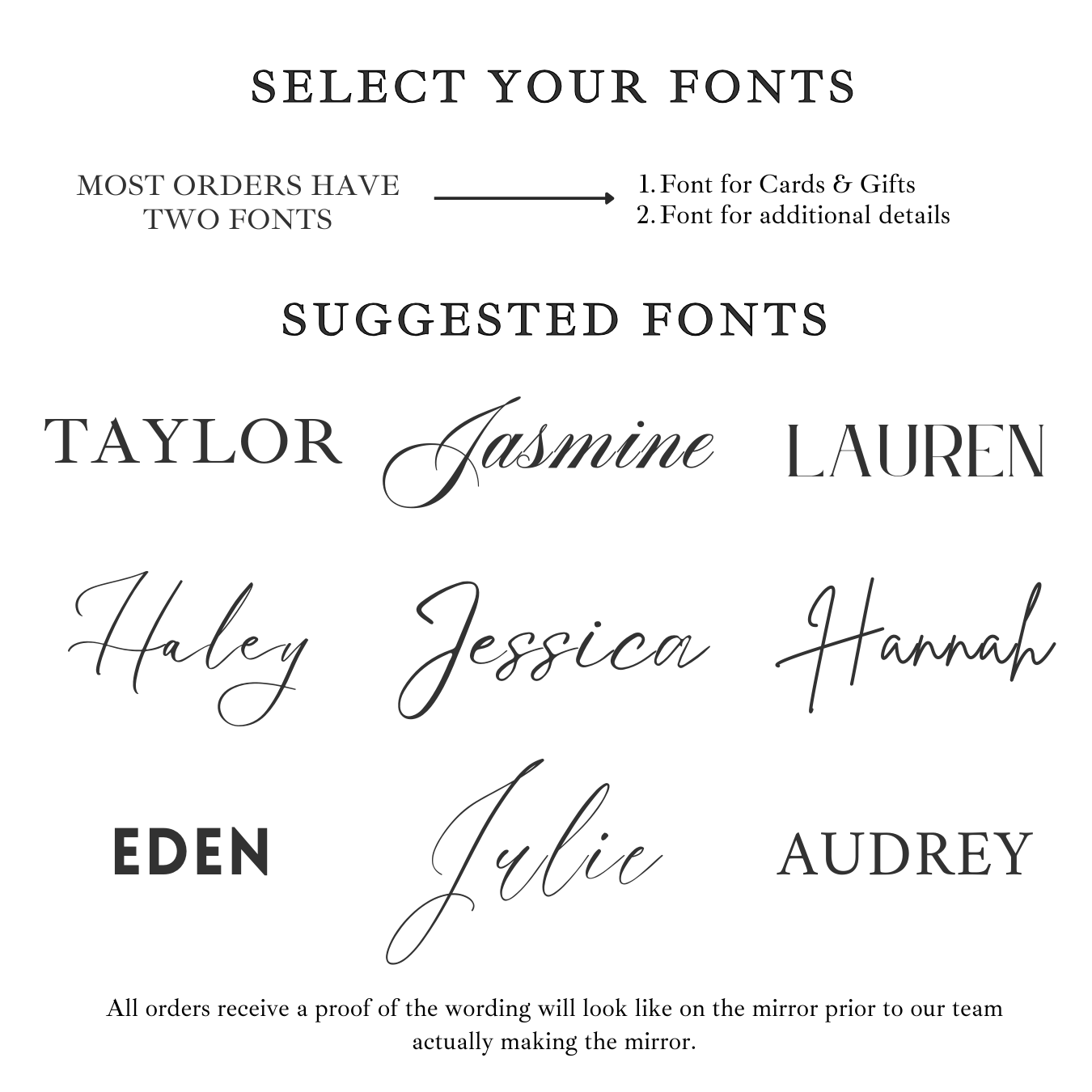 Wedding mirror with suggested fonts for guest book sign customization.