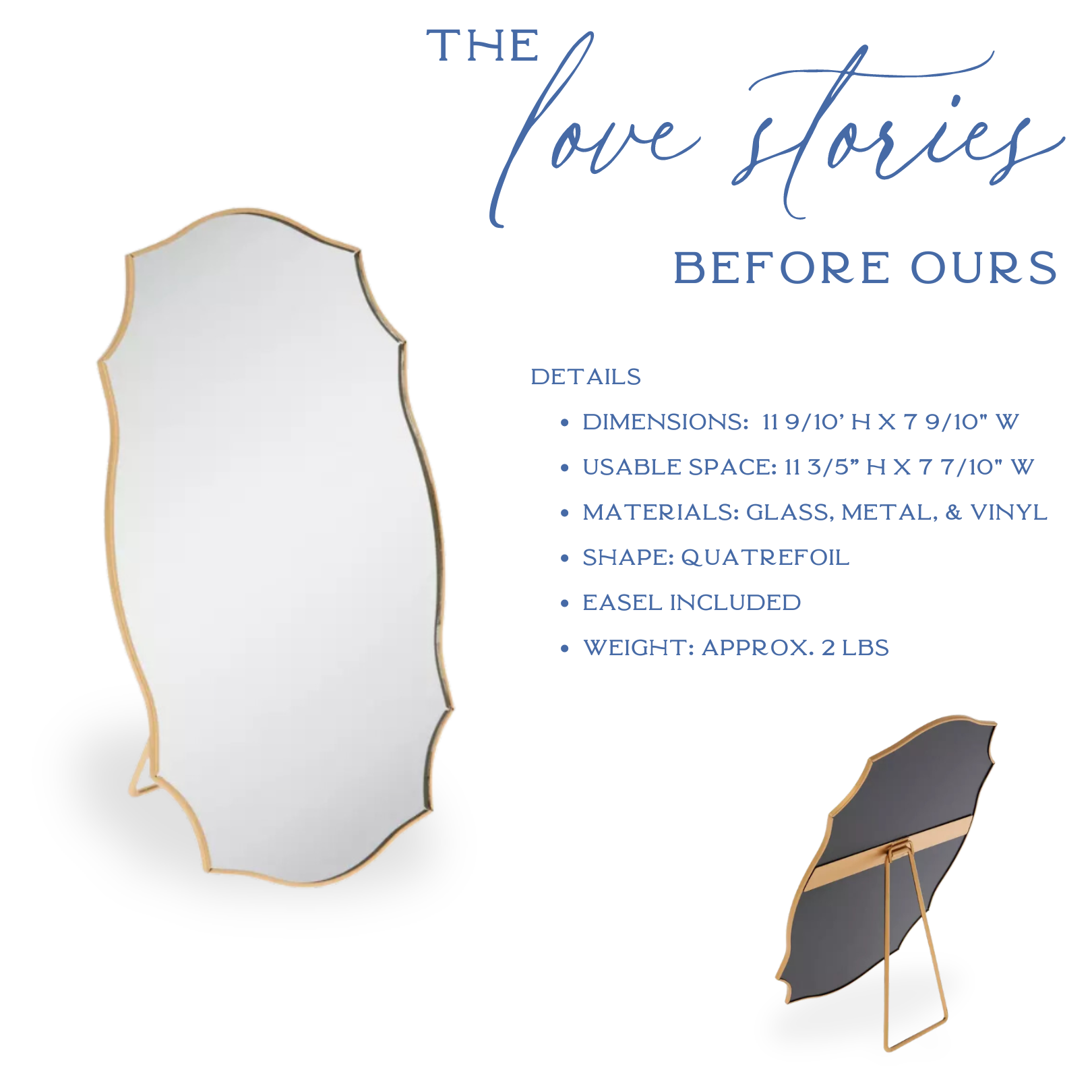 Wedding Memory Sign with mirror, "The Love Stories Before Ours", elegant design with stand, ideal for wedding decor.
