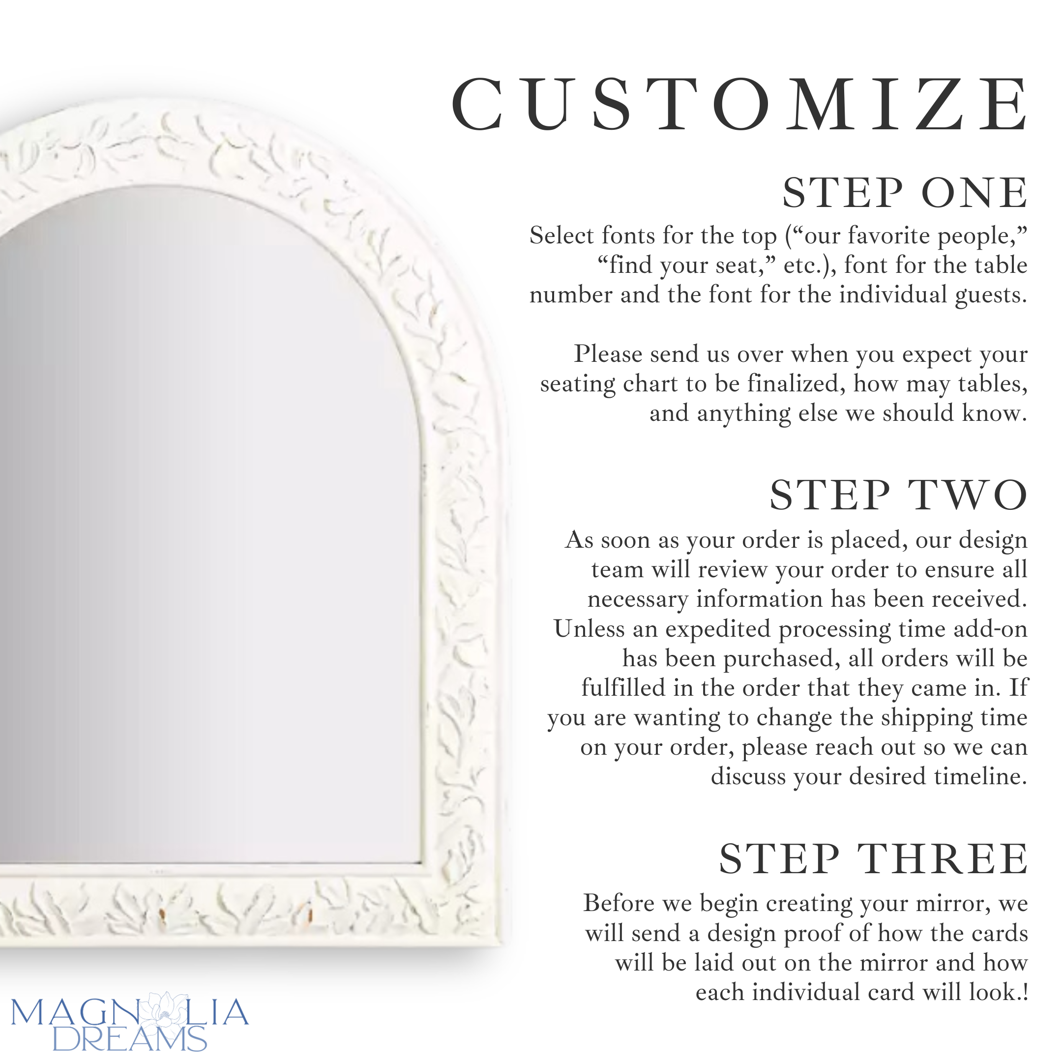 Wedding guest seating chart on large white boho mirror with customizable linen cardstock and wax seal accents.
