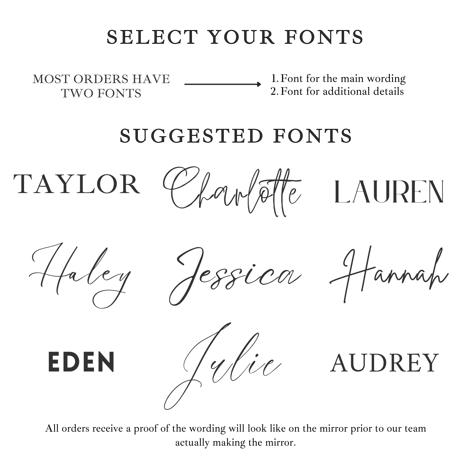 Font selection options for personalizing the "Wedding Memory Sign" mirror, showcasing various elegant scripts and styles.