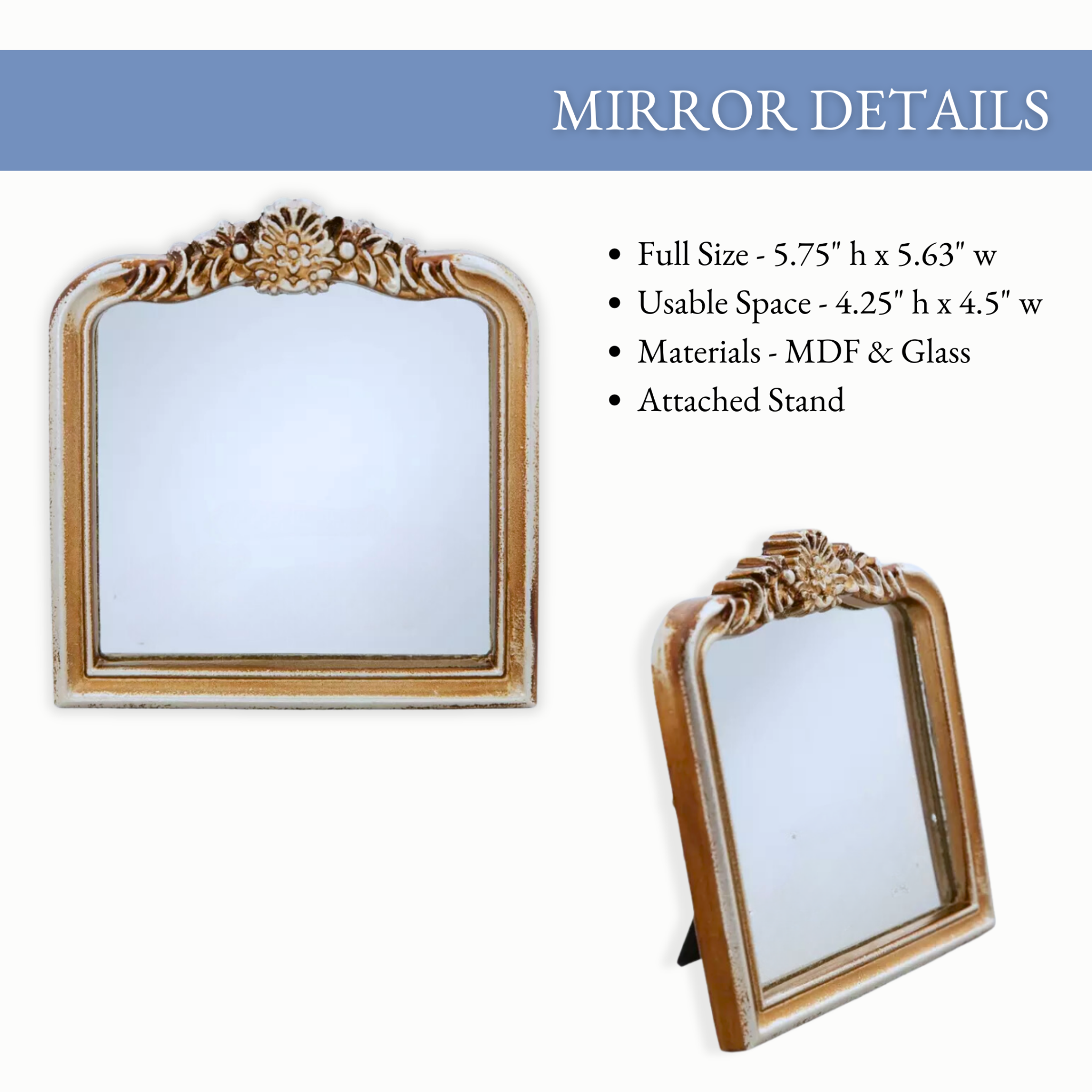 Mirror details for the "In Loving Memory Wedding Sign" with attached stand and floral frame design.