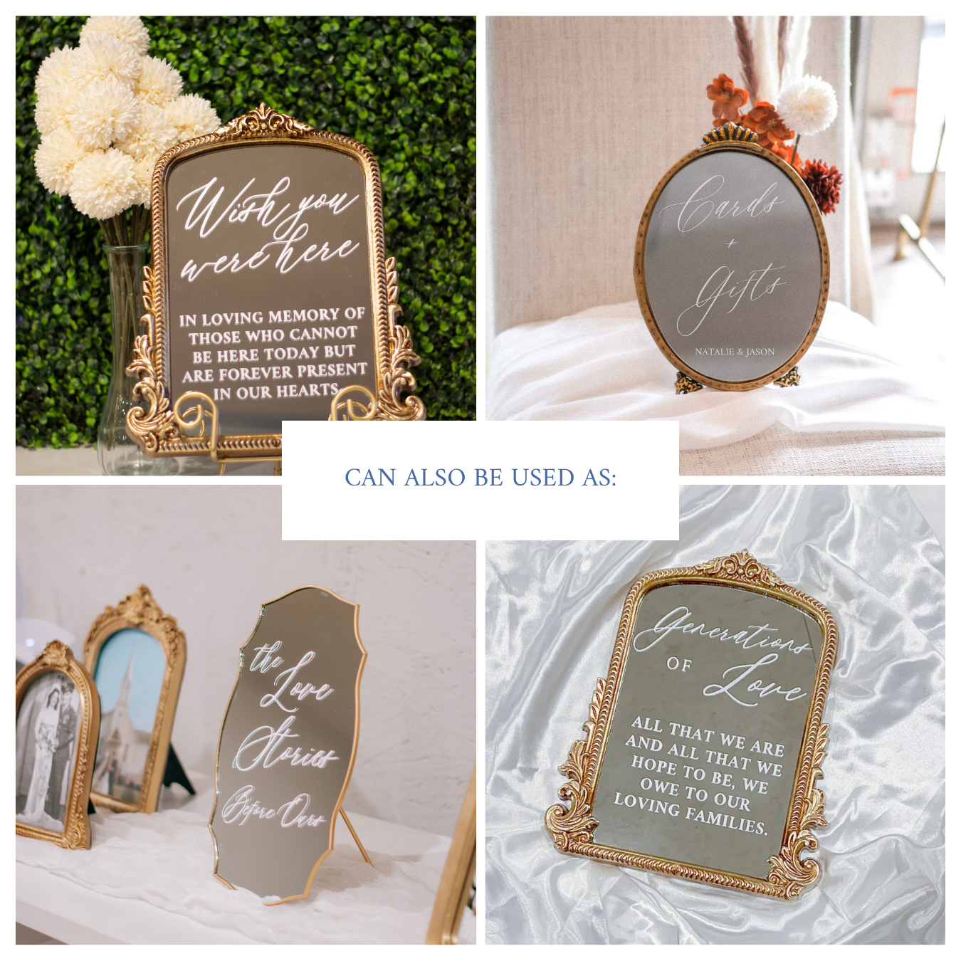 Elegant wedding mirror sign with decorative script font designed for guest book messages.