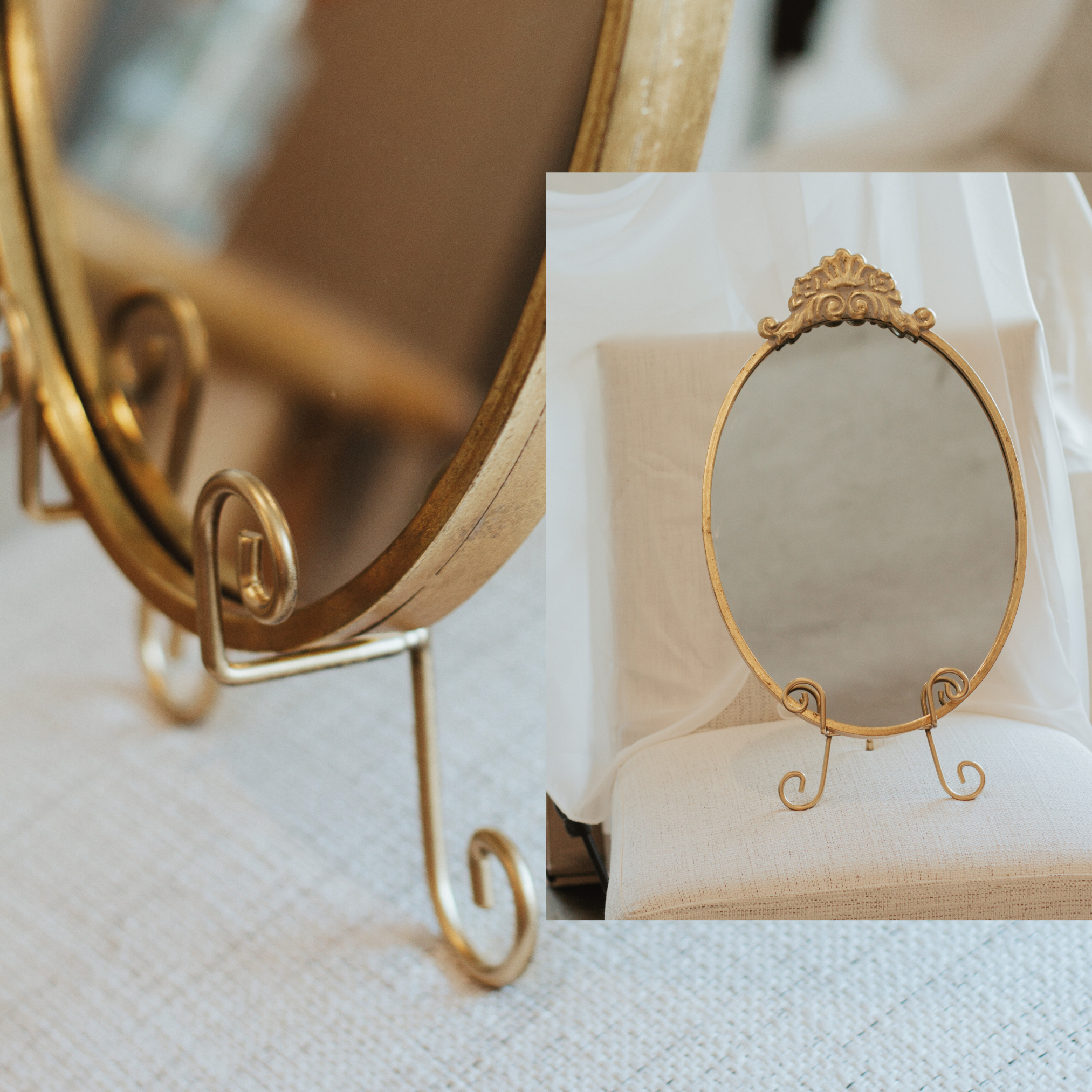 Gold oval mirror wedding sign with ornate fleuron design for cards and gifts table.
