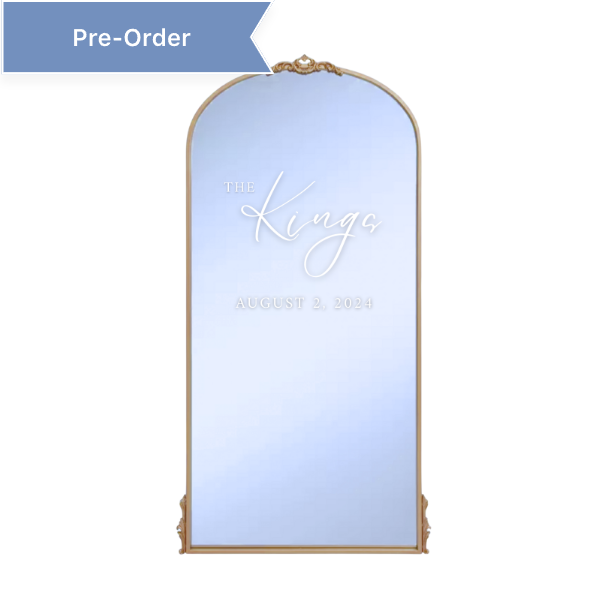 Large gold wedding welcome mirror with personalized engraving, pre-order available.