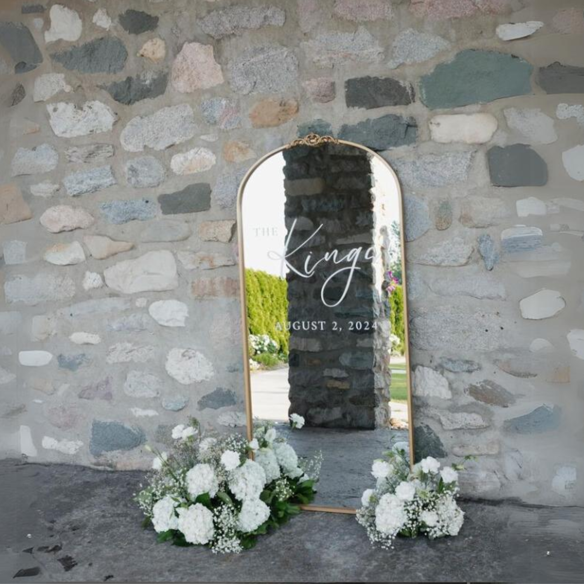 Large gold wedding welcome mirror with floral decoration, 60x30 inches, no stand included.