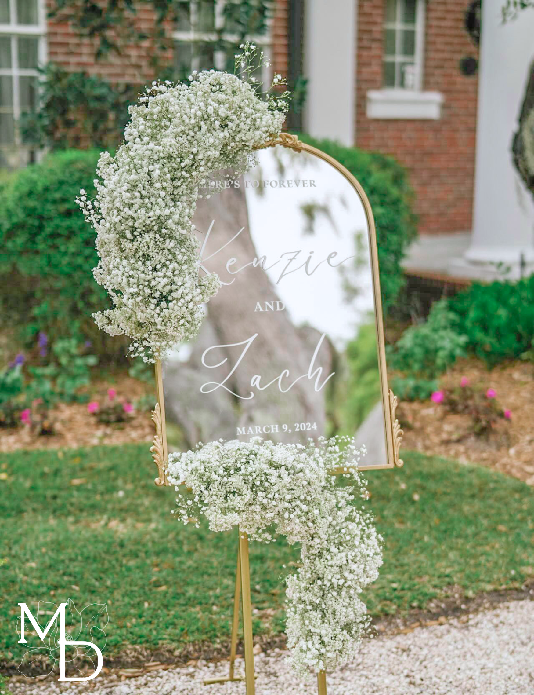 Wedding welcome and cocktail mirror signage bundle with customized fonts and flower decoration.