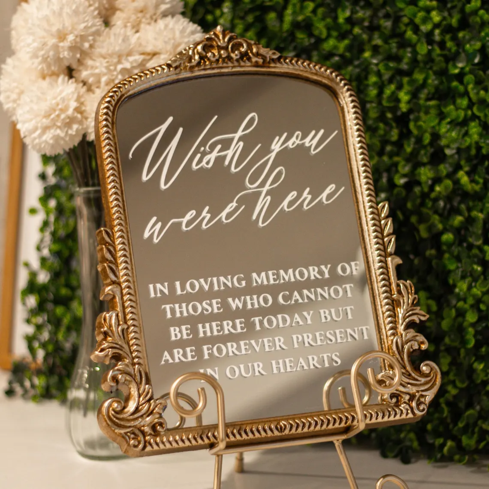 Wedding memorial sign with elegant gold frame displaying "Wish You Were Here" sentiment, perfect for honoring loved ones.