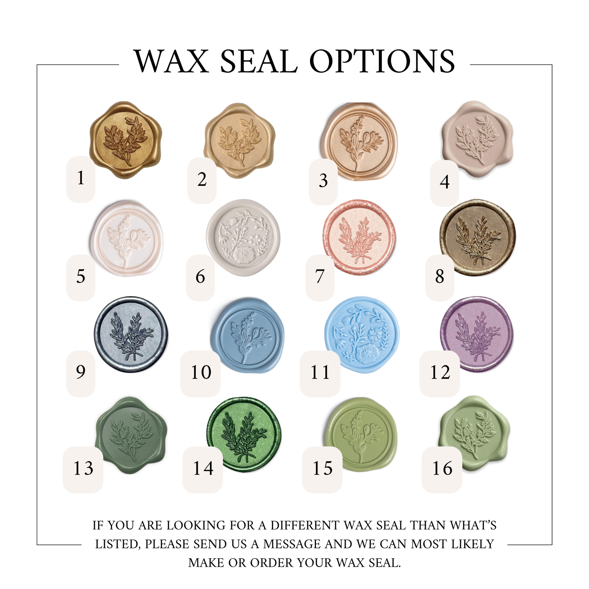 Wax seal options for wedding seating chart ideas with various colors and designs.