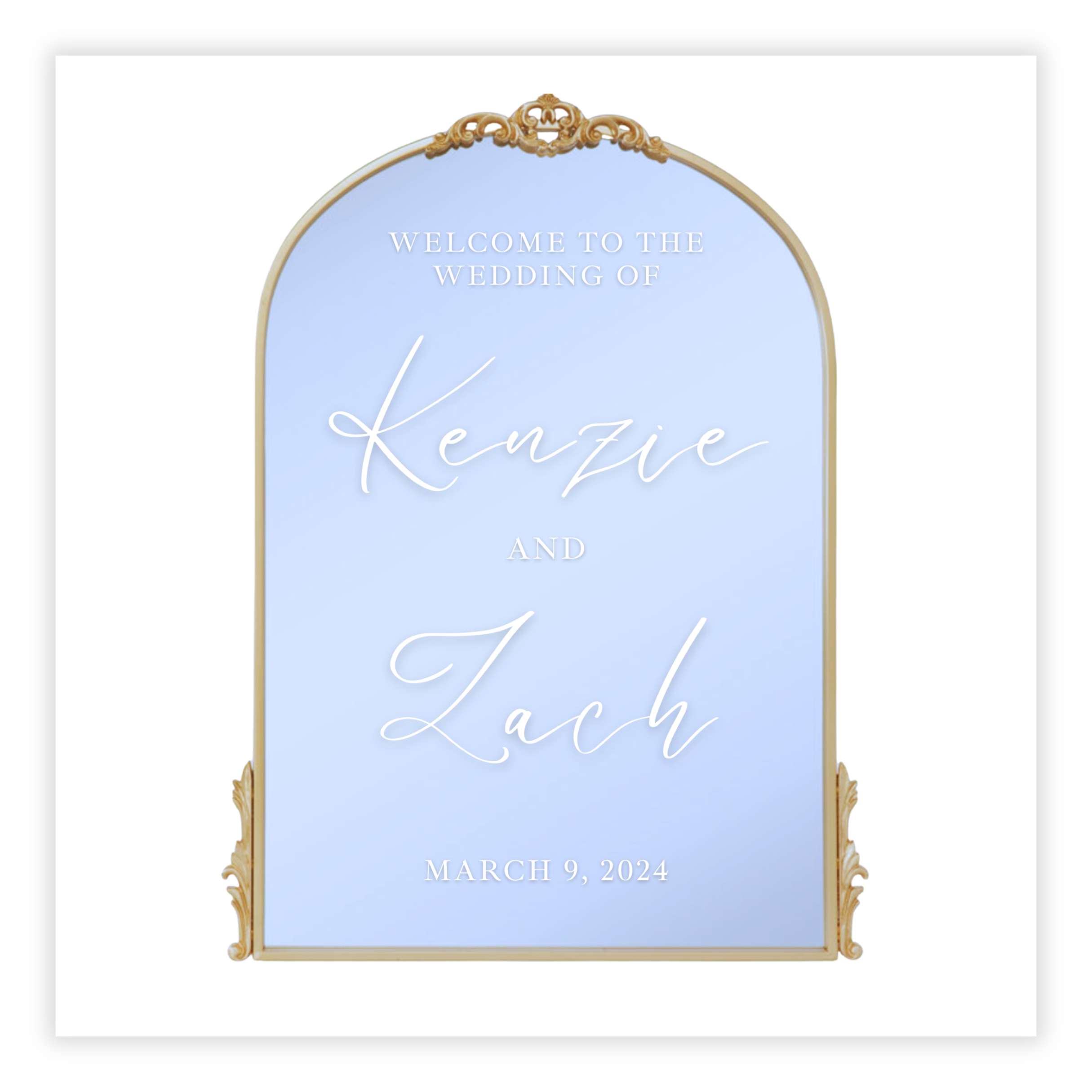 Magnolia Dreams' Haley font on a large gold arch and flourish wedding welcome mirror