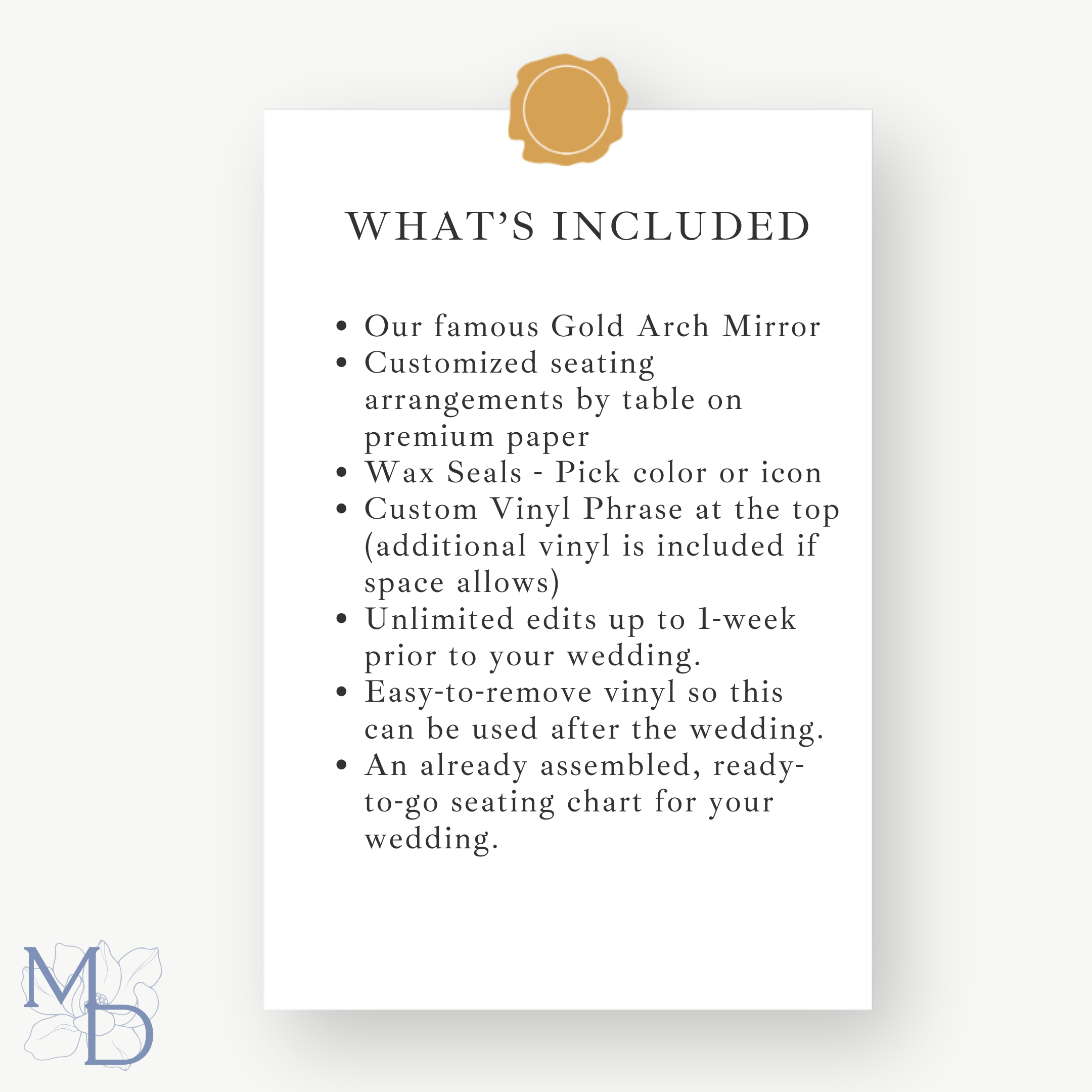 Elegant gold mirror wedding guest seating chart with custom vinyl message and wax seal, featuring a stand for easy display.