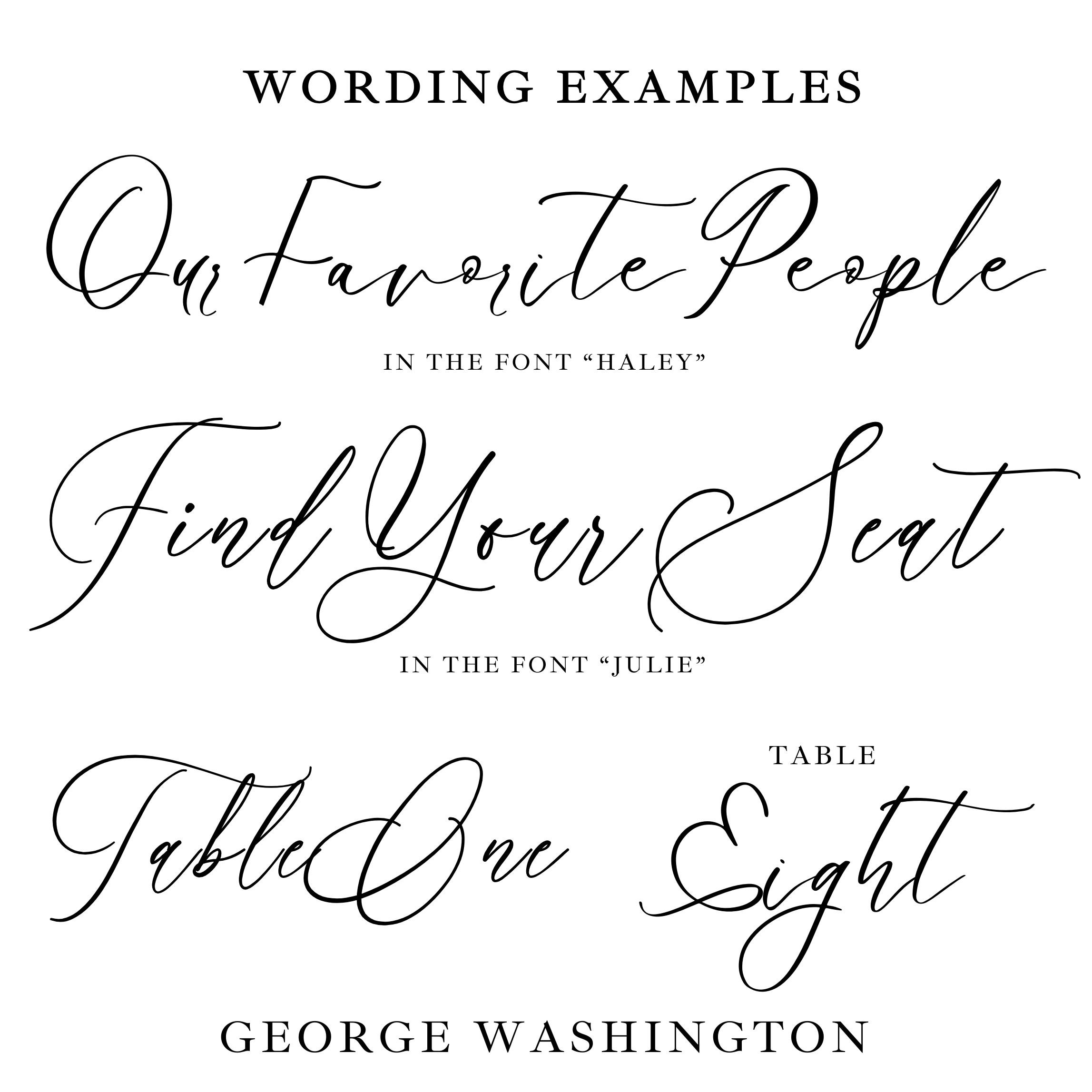 Elegant font examples for wedding table seating chart designs, featuring phrases like "Find Your Seat" and "Table One"; perfect for an organized and stylish reception.