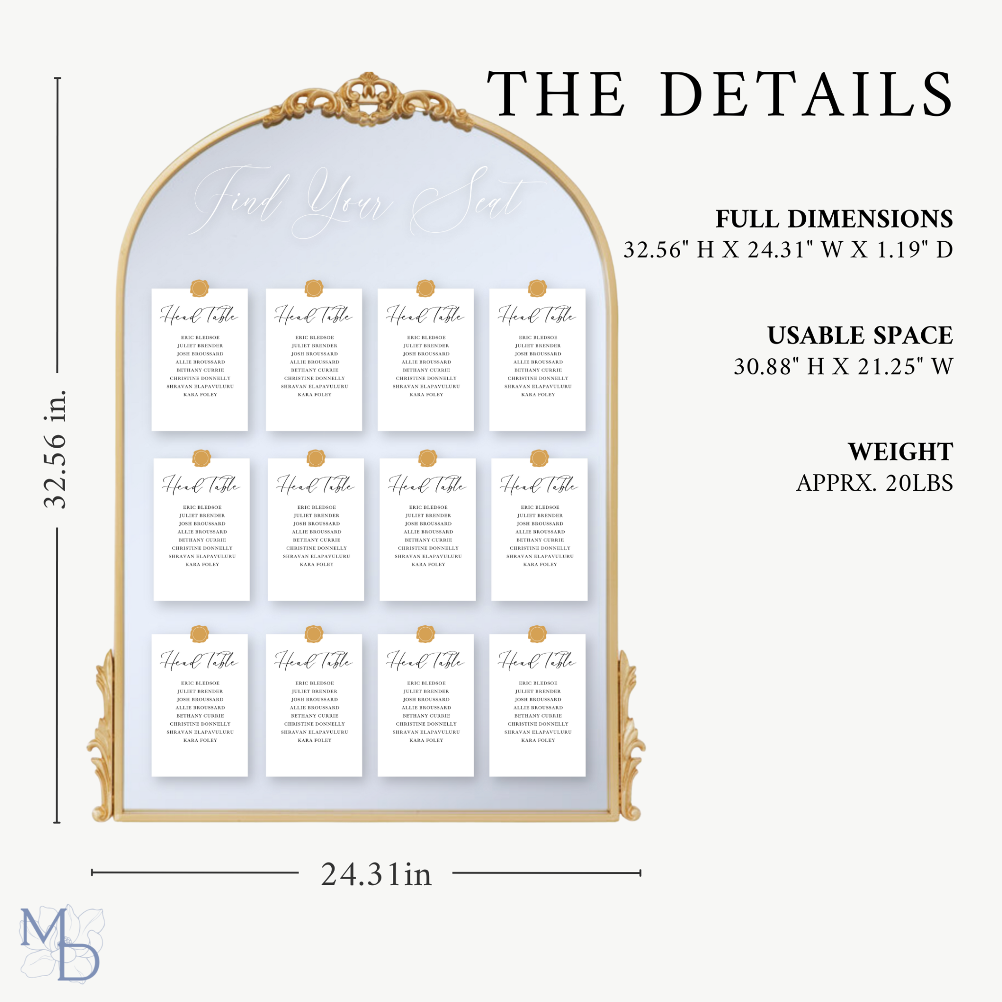 Elegant gold arch mirror wedding seating chart with customizable vinyl decals and wax seals.