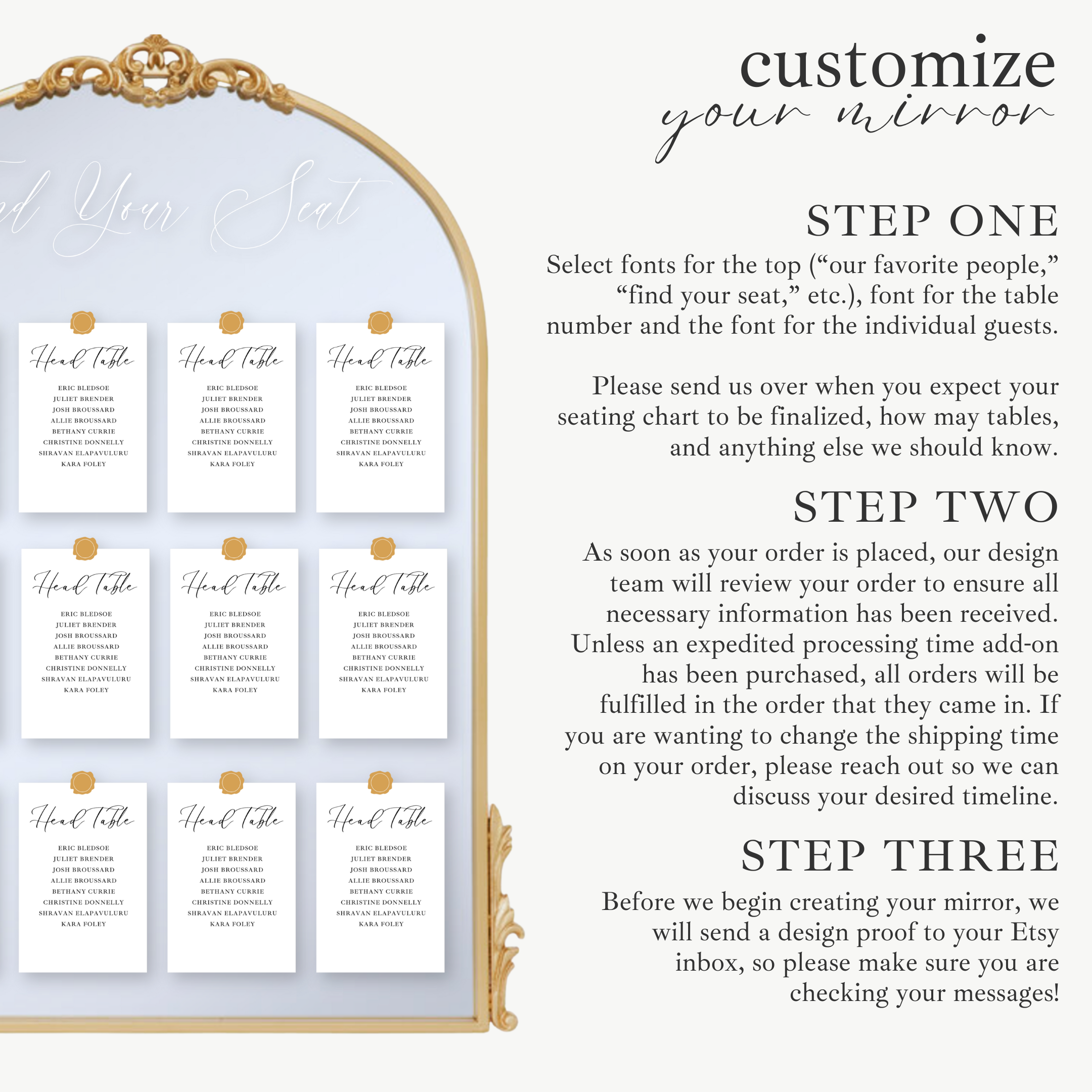 Elegant wedding seating chart on gold arch mirror with customizable design and wax seal options.