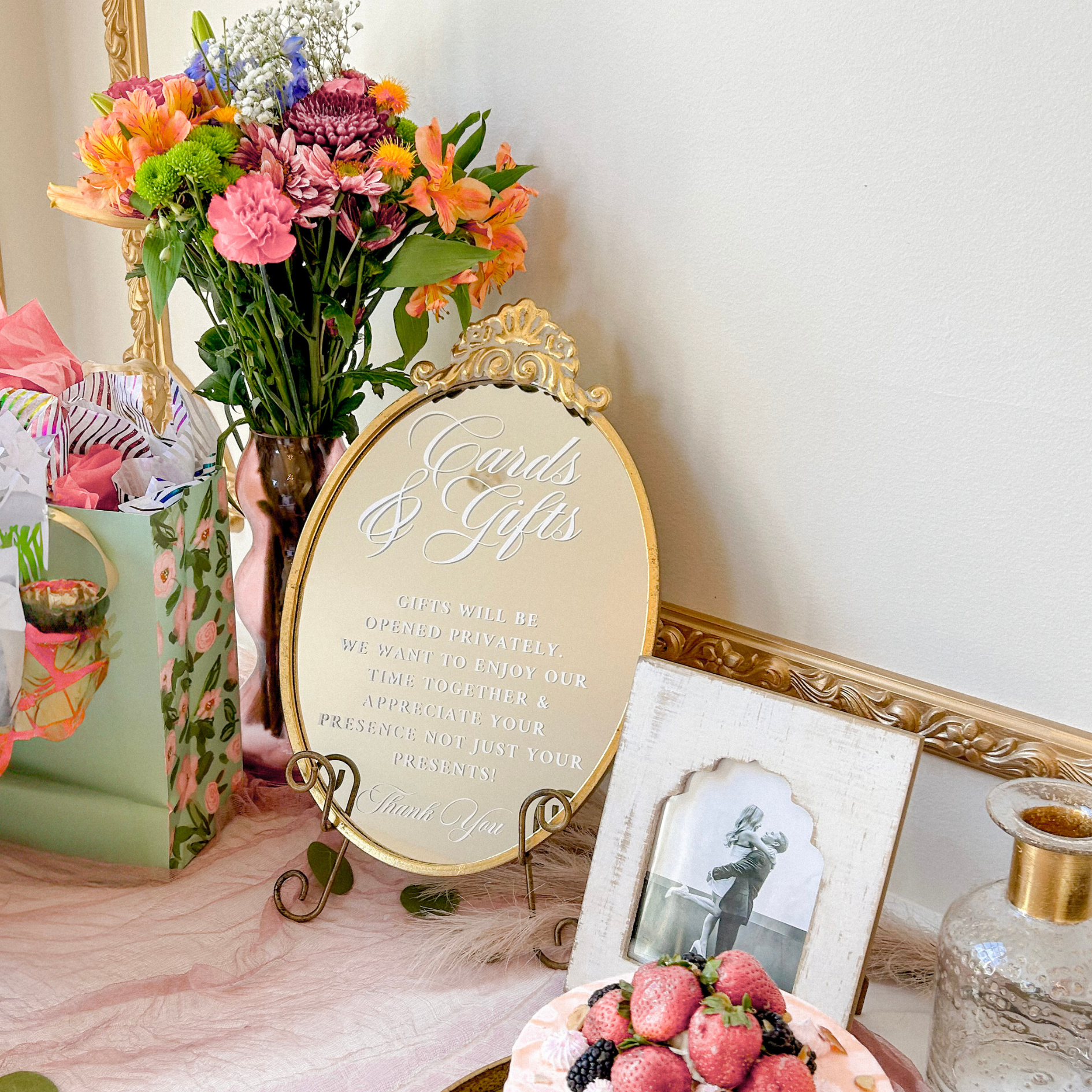 Mirror wedding sign for cards and gifts display at wedding ceremony.