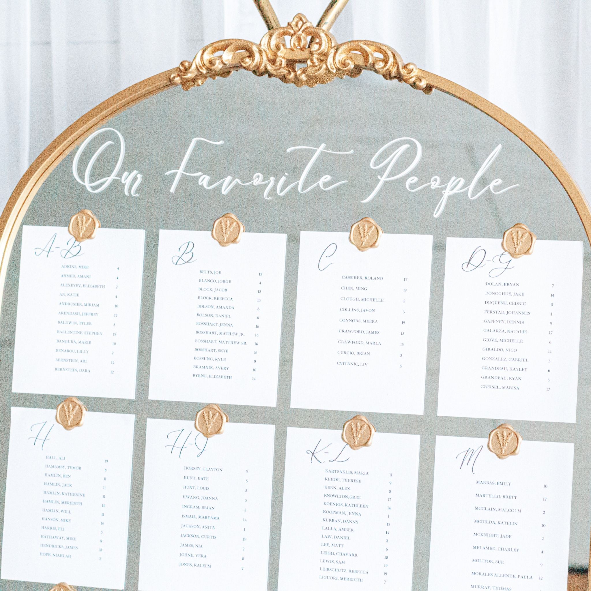 Vinyl Decal for Wedding Seating Chart on Mirror Display