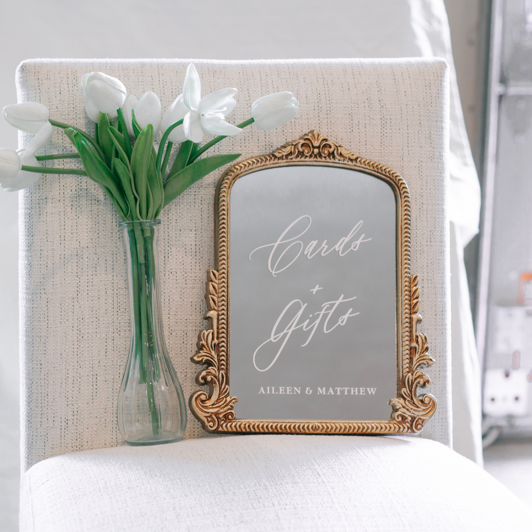 Elegant mirror wedding sign for cards and gifts table with customizable text.