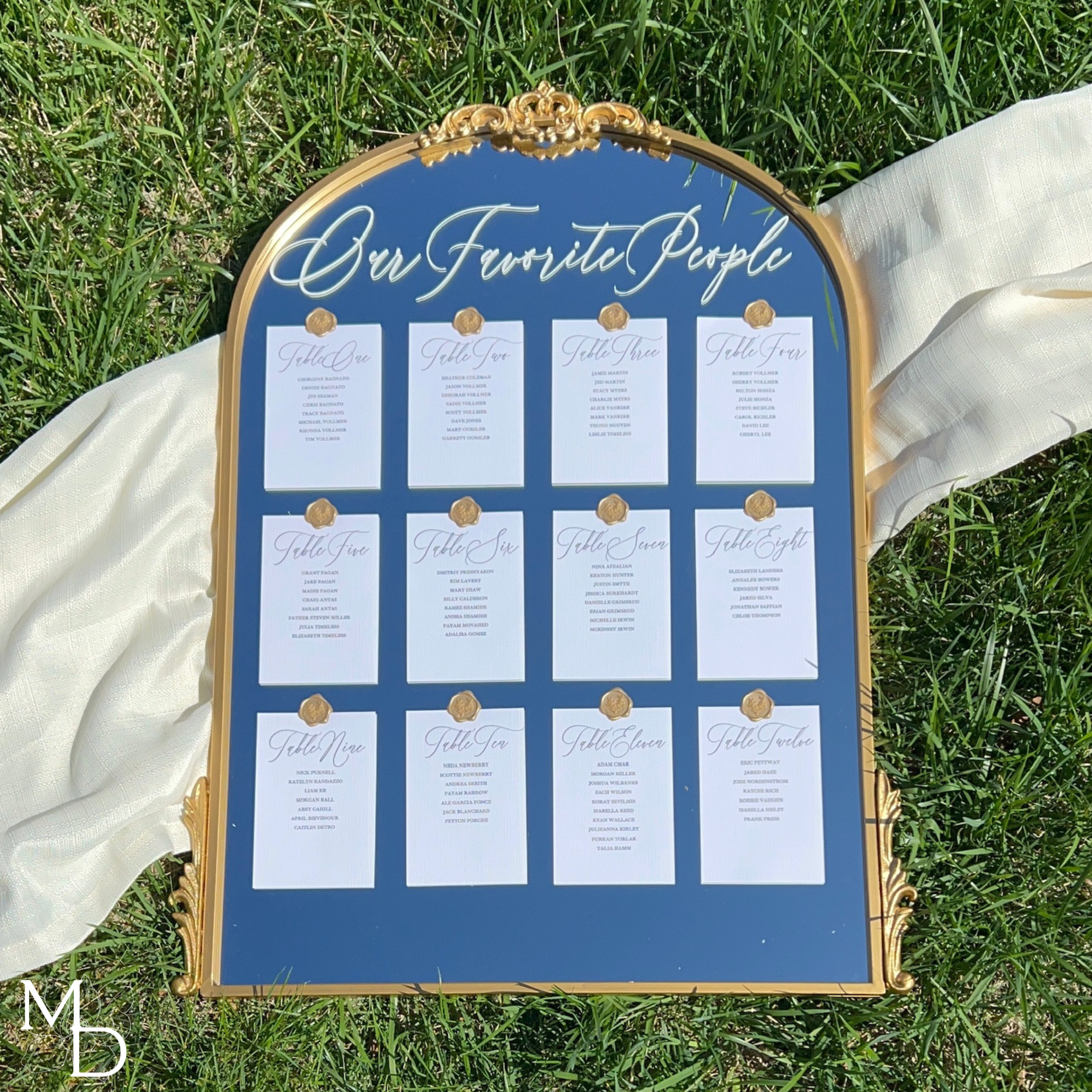 Elegant gold mirror wedding seating chart with customizable vinyl decal and wax seals, ideal for unique wedding seating chart ideas.