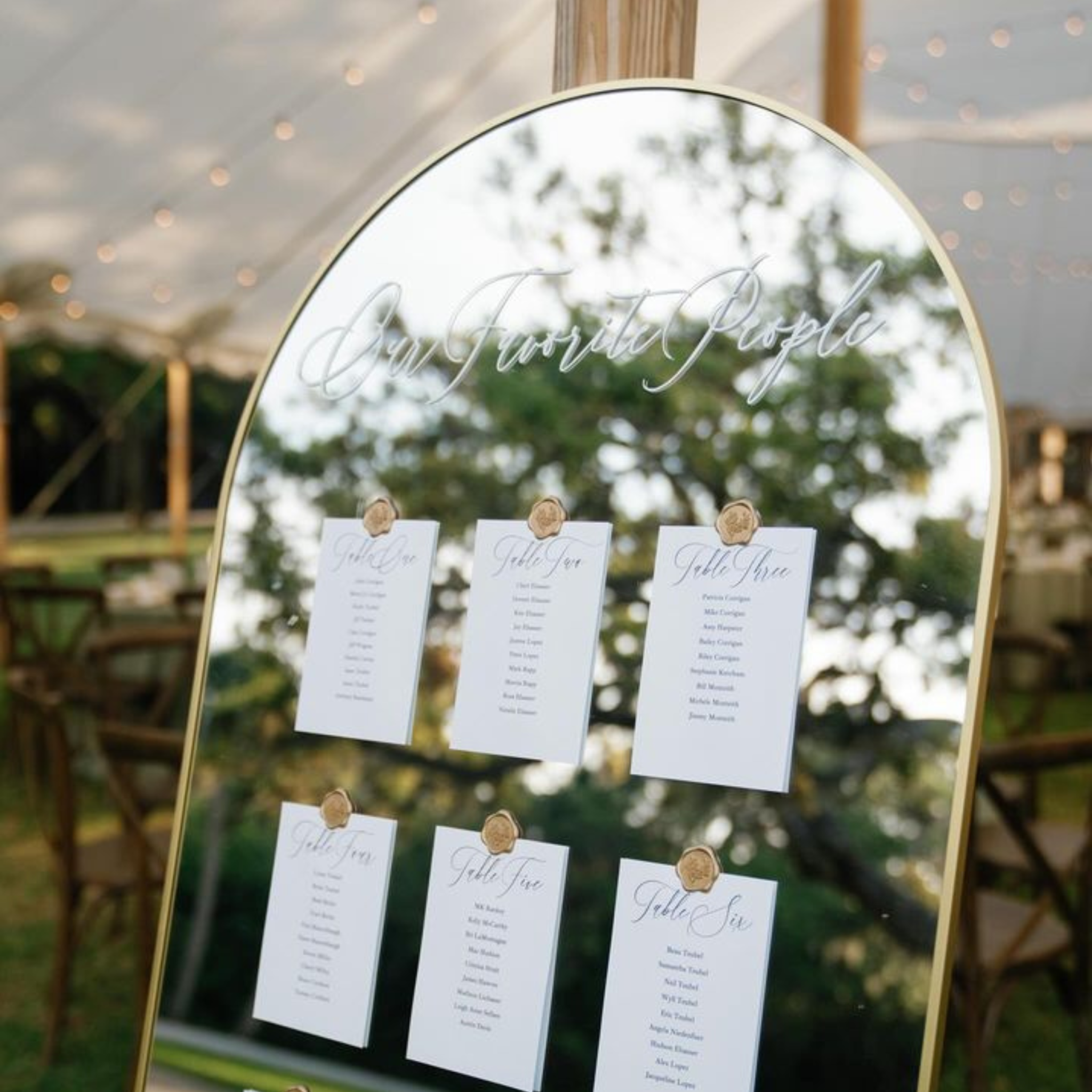 Vinyl decal for wedding seating chart on mirror with elegant script.