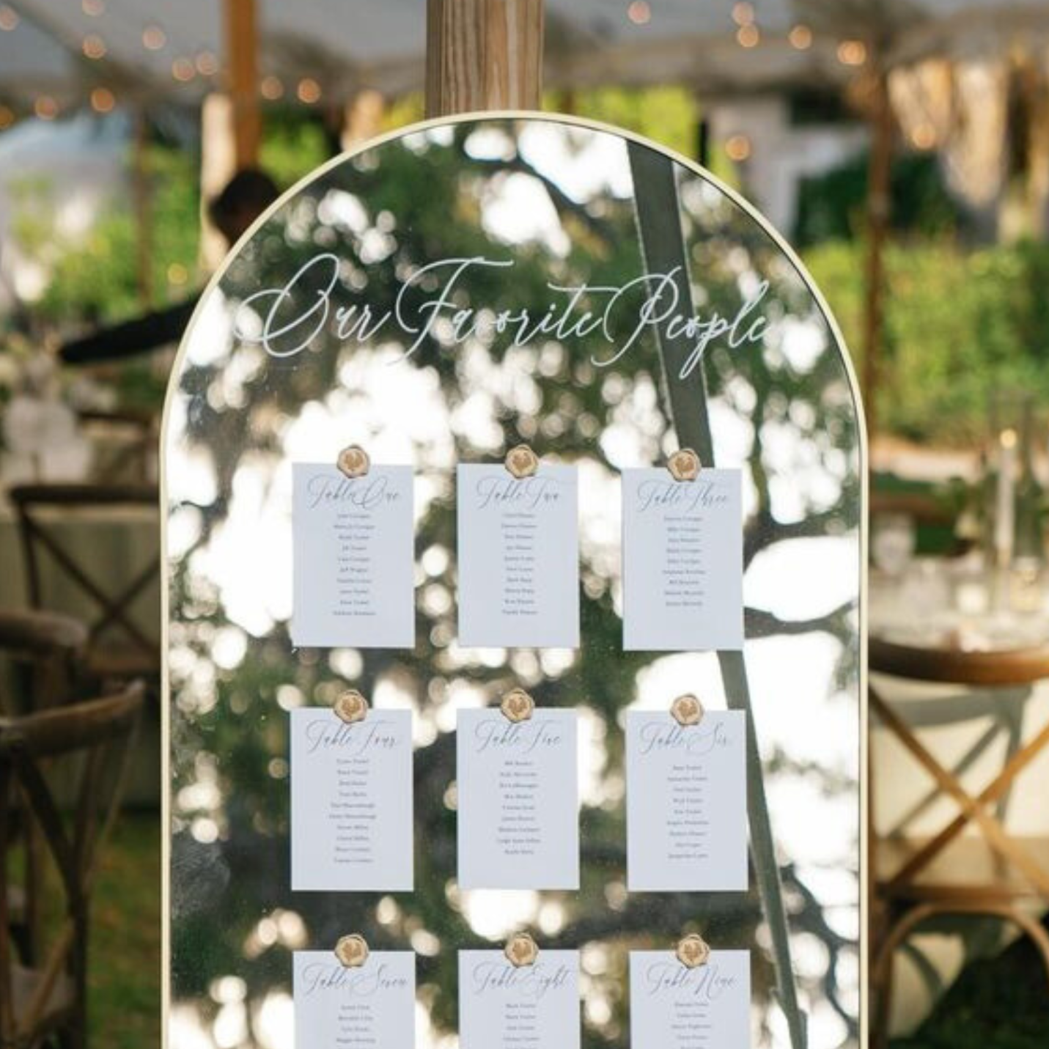 Vinyl decal for wedding seating chart on mirrored board.