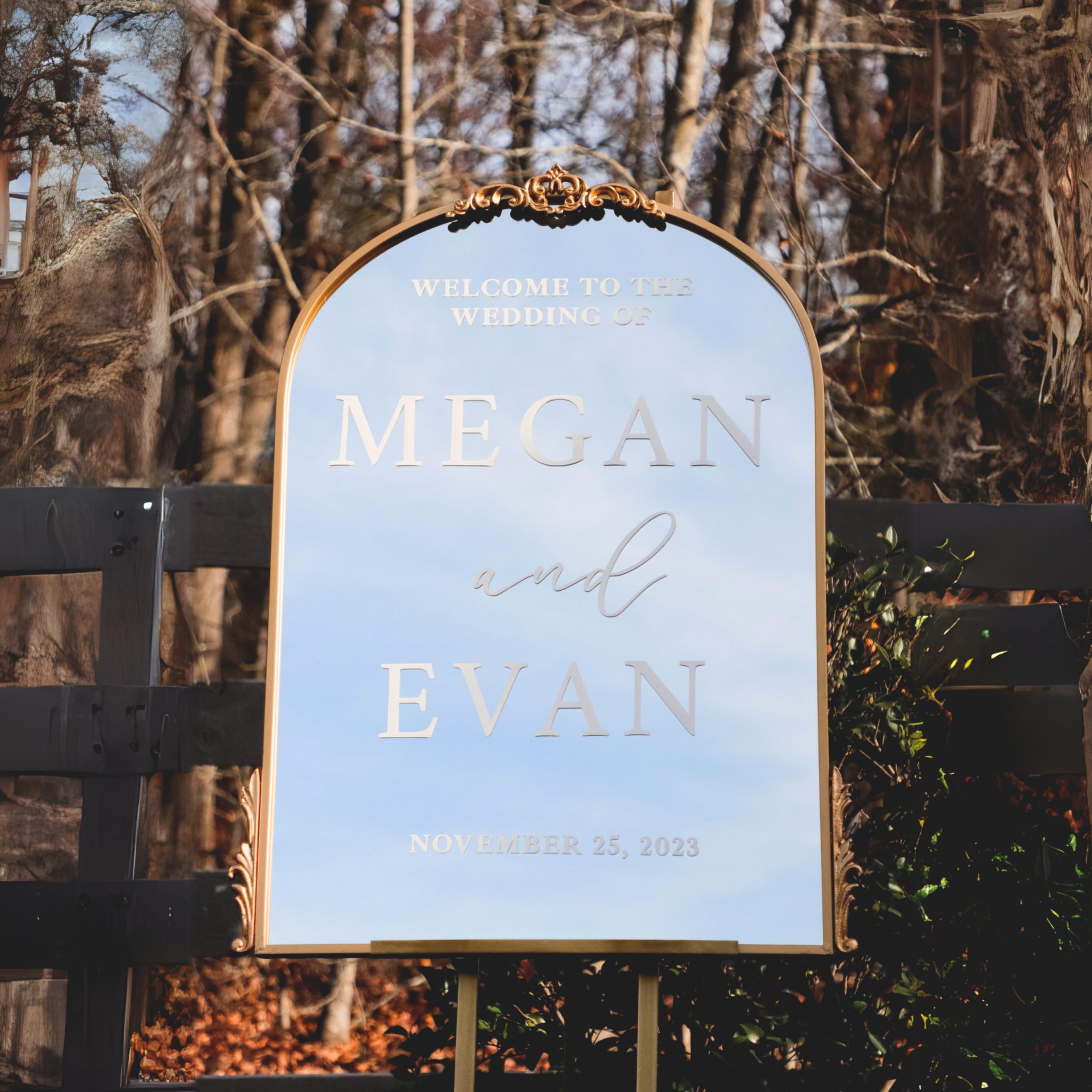 Elegant wedding welcome mirror sign with customized wording for ceremony entrance.