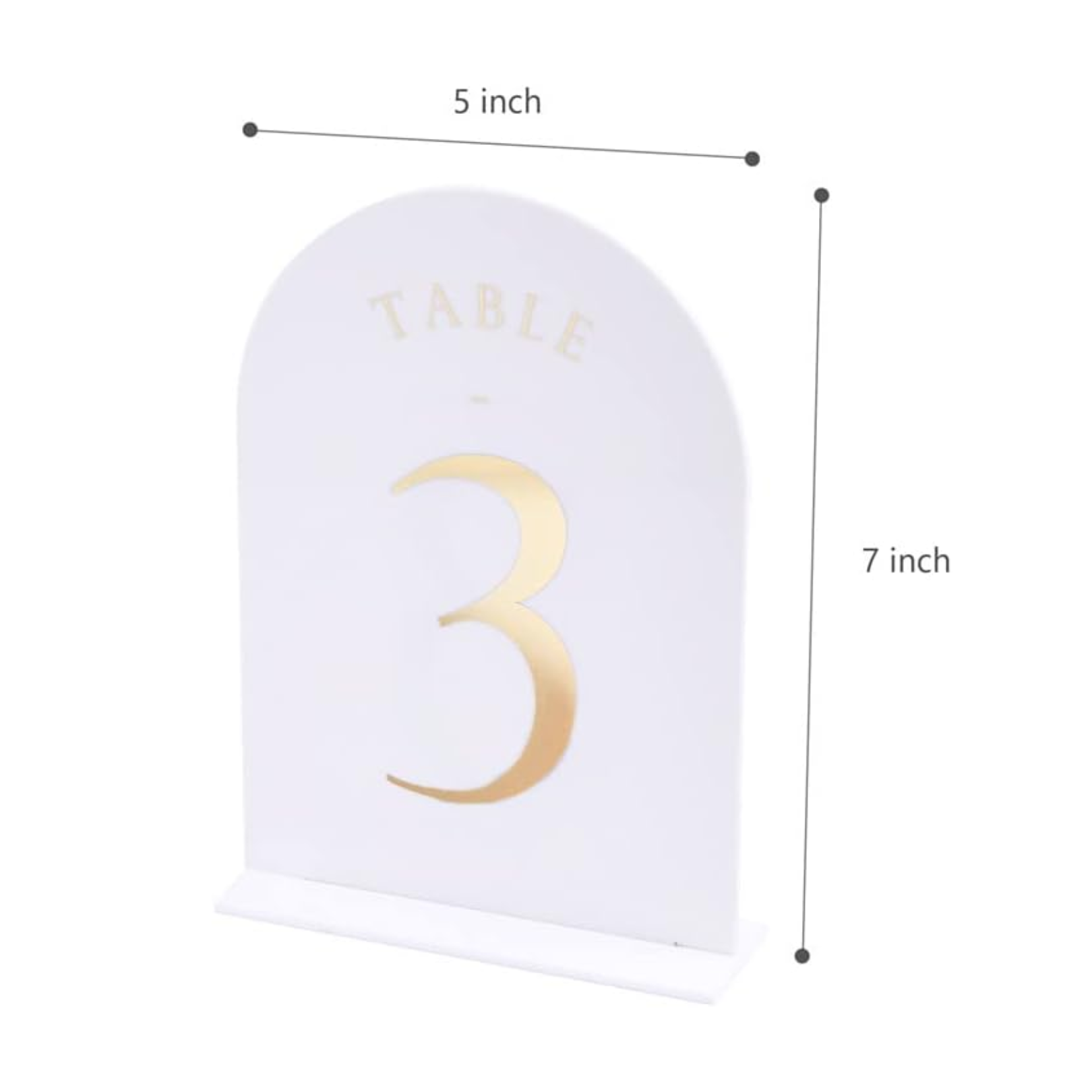 White acrylic table number with gold lettering and stand, 5x7 inch.